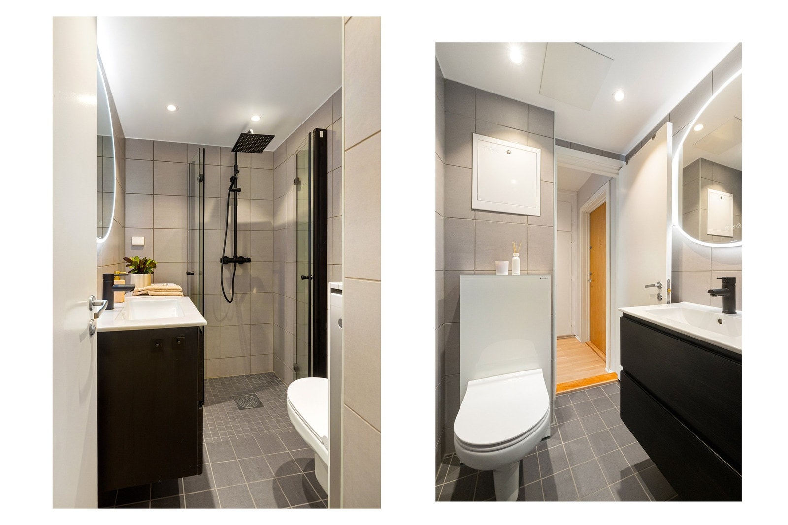 Badet består av veggmontert toalett, dusjhjørne med to foldbare glassdører, servant med skap med slette fronter og opplegg for vaskemaskin. Naturlig ventilasjon. Galleribilde