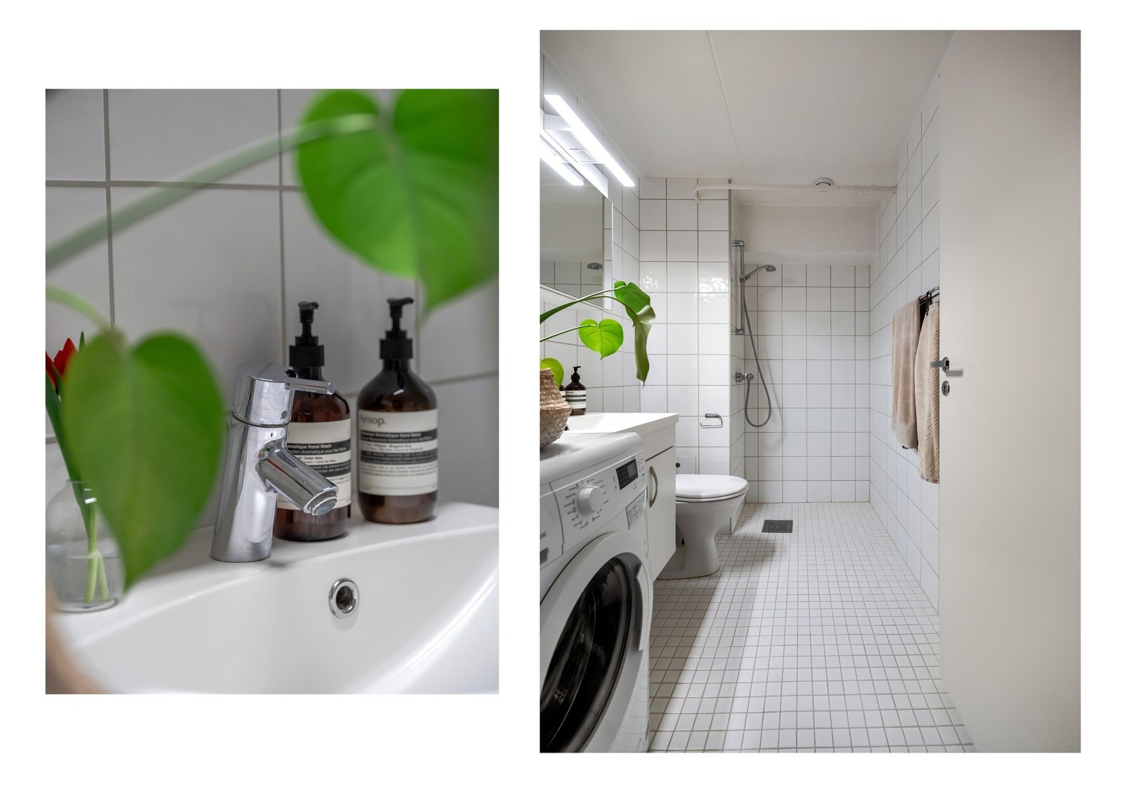 Leiligheten har et pent flislagt bad med varmekabler i gulvet. Galleribilde