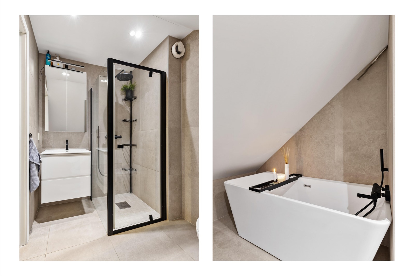 Her er det dusjhjørne med sorte profiler, vegghengt toalett og servant. Et frittstående badekar gir en følelse av velvære i hverdagen. Galleribilde