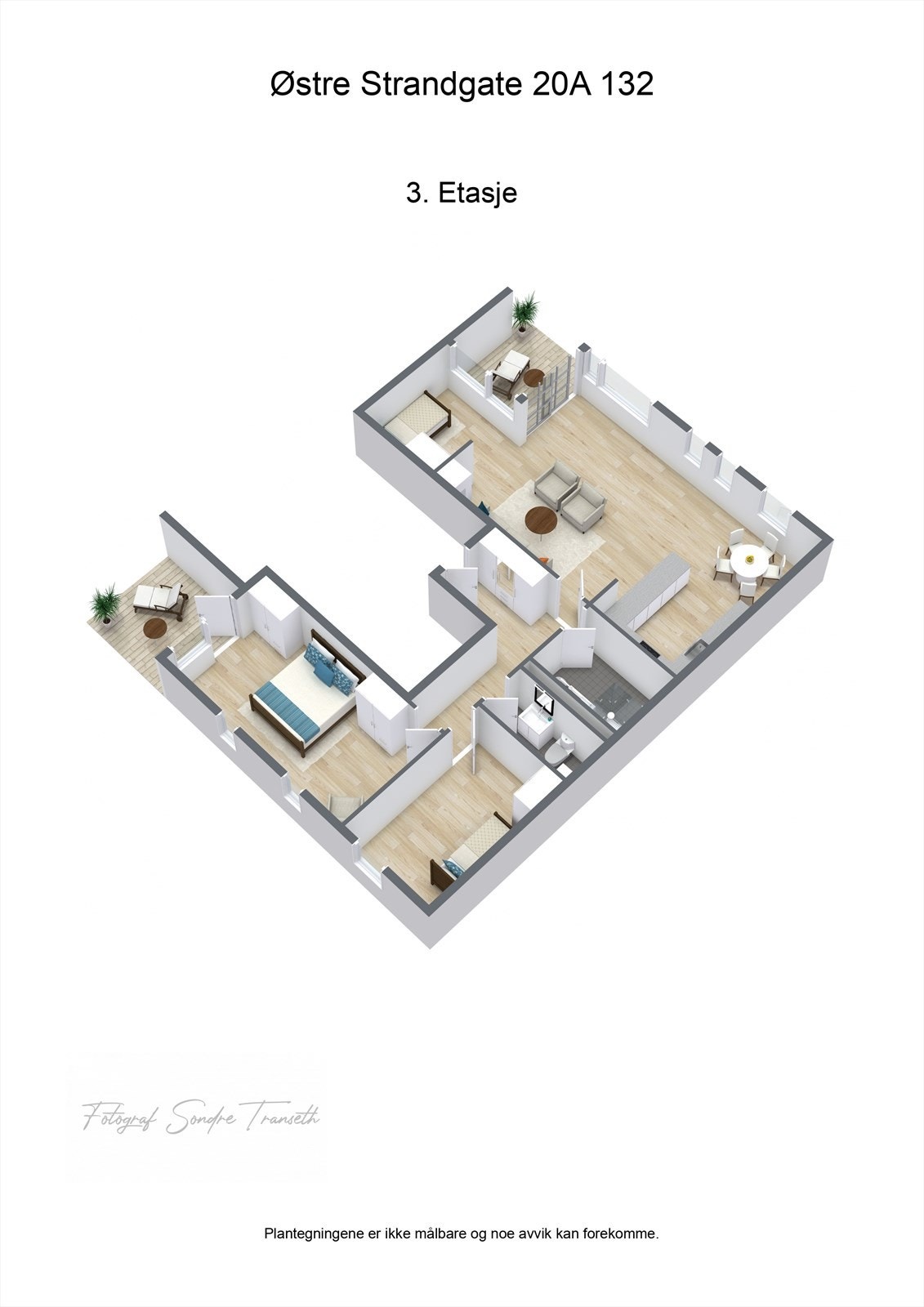 Plantegning, 3.etg.: entre, mellomgang, åpen stue/kjøkkenløsning med kontor/gjesterom og tilkomst til balkong, bad, bad/vaskerom, hovedsoverom, samt soverom 2 med tilkomst til balkong. I tillegg medfølger det en ekstern bod, samt parkeringsplass. Galleribilde
