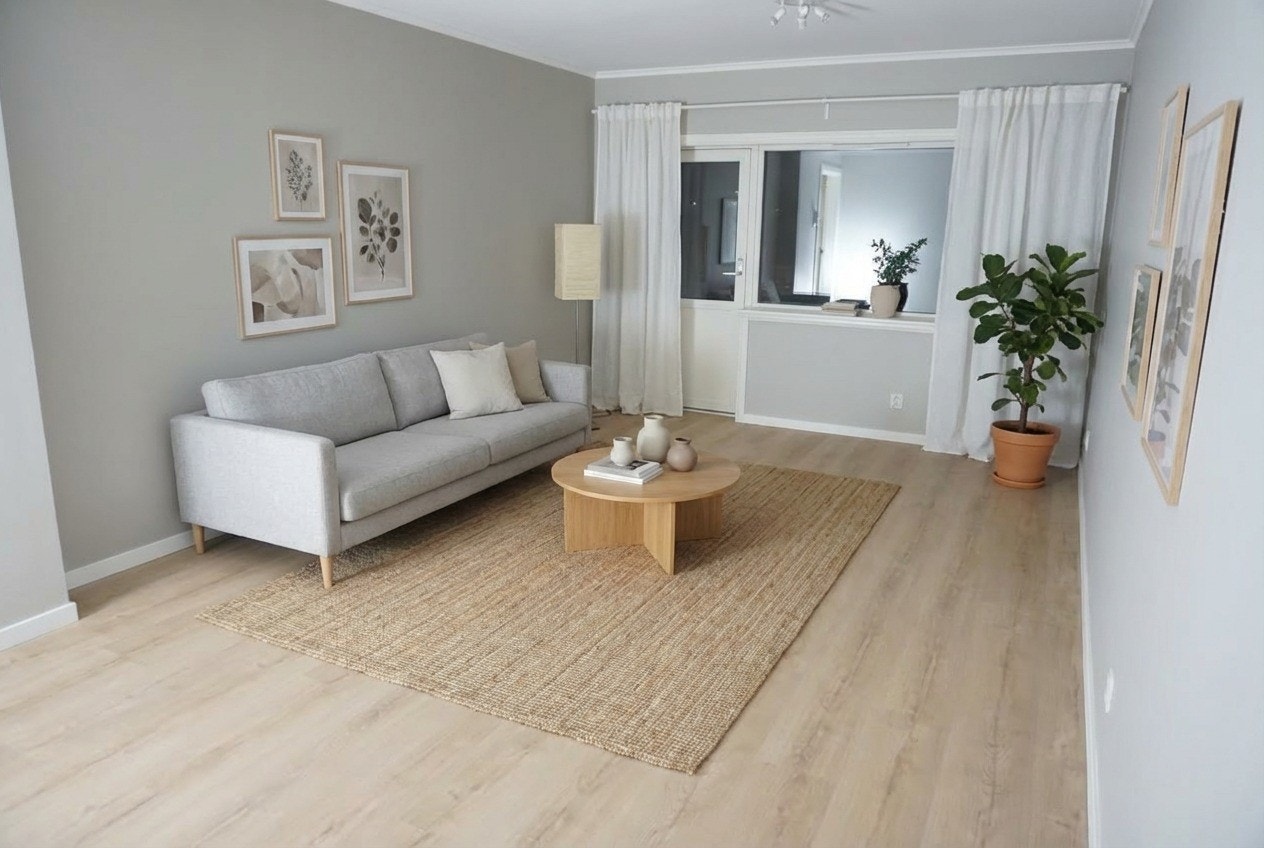 God plass til sofagruppe. (Møbler og interiør er AI generert) Galleribilde