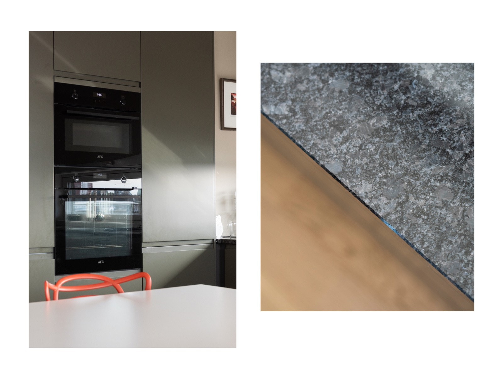 Integrert oppvaskmaskin, to stekeovner, kjøleskap med frysedel. Lekker benkeplate av stein Galleribilde