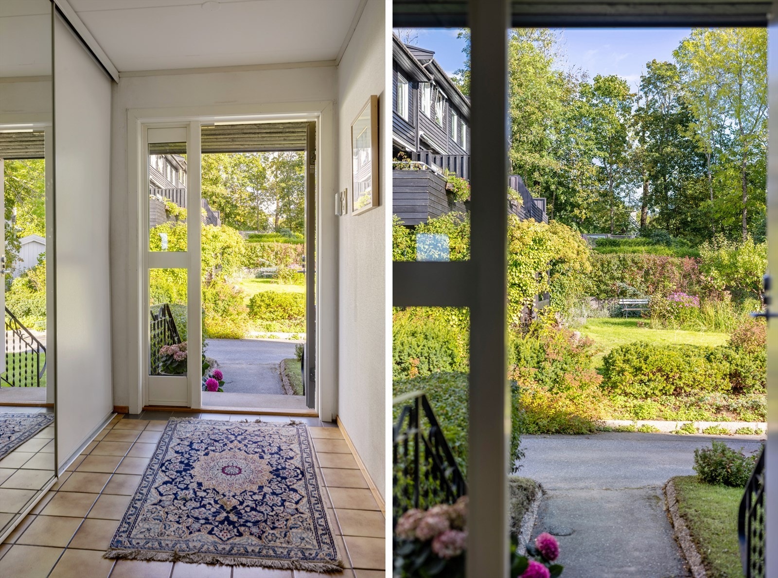 Romslig vindfang i 1. etasje med flislagt gulv og gulvvarme. Gode oppbevaringsmuligheter i stor skyvedørsgarderobe Galleribilde