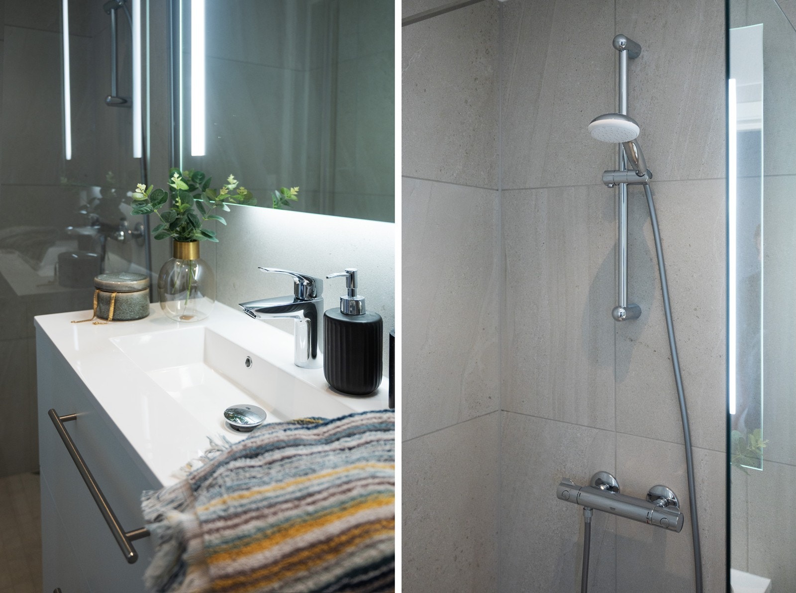 Moderne fliser på gulv og vegger, samt integrert belysning i speilet. Galleribilde