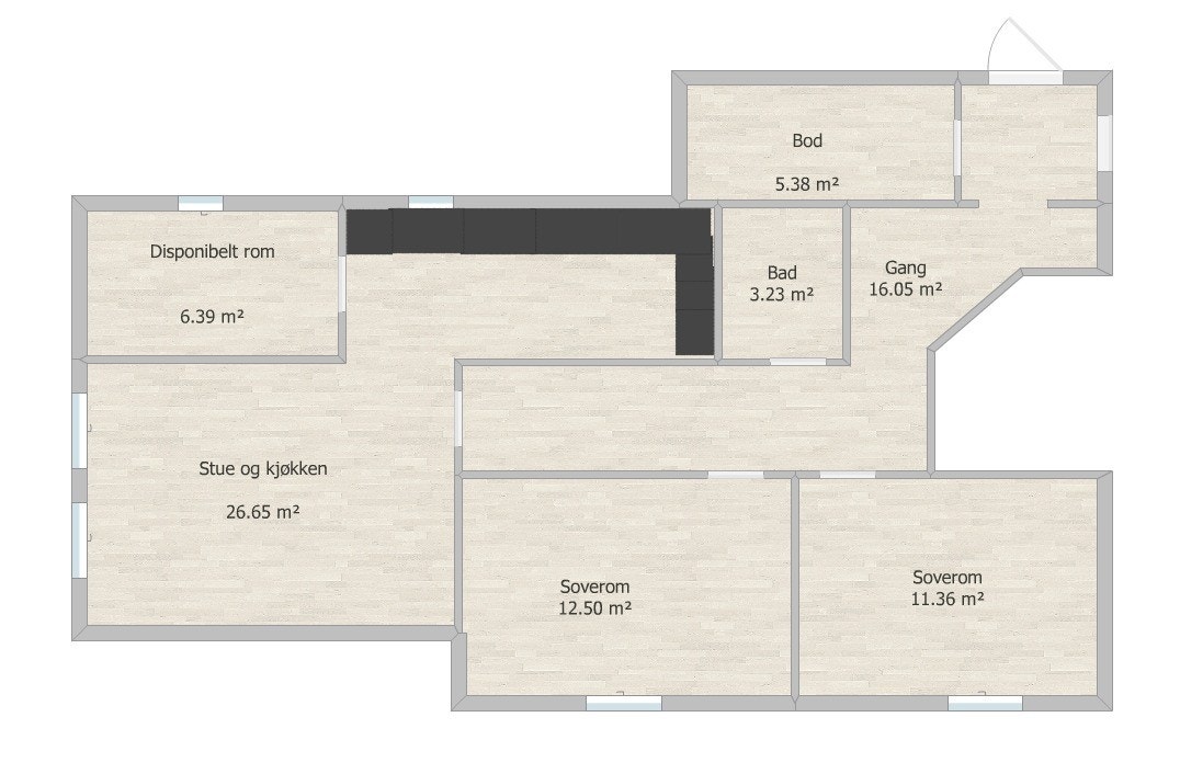 Plantegning som illustrerer plassering av kjøkken. Ikke målbar. Galleribilde