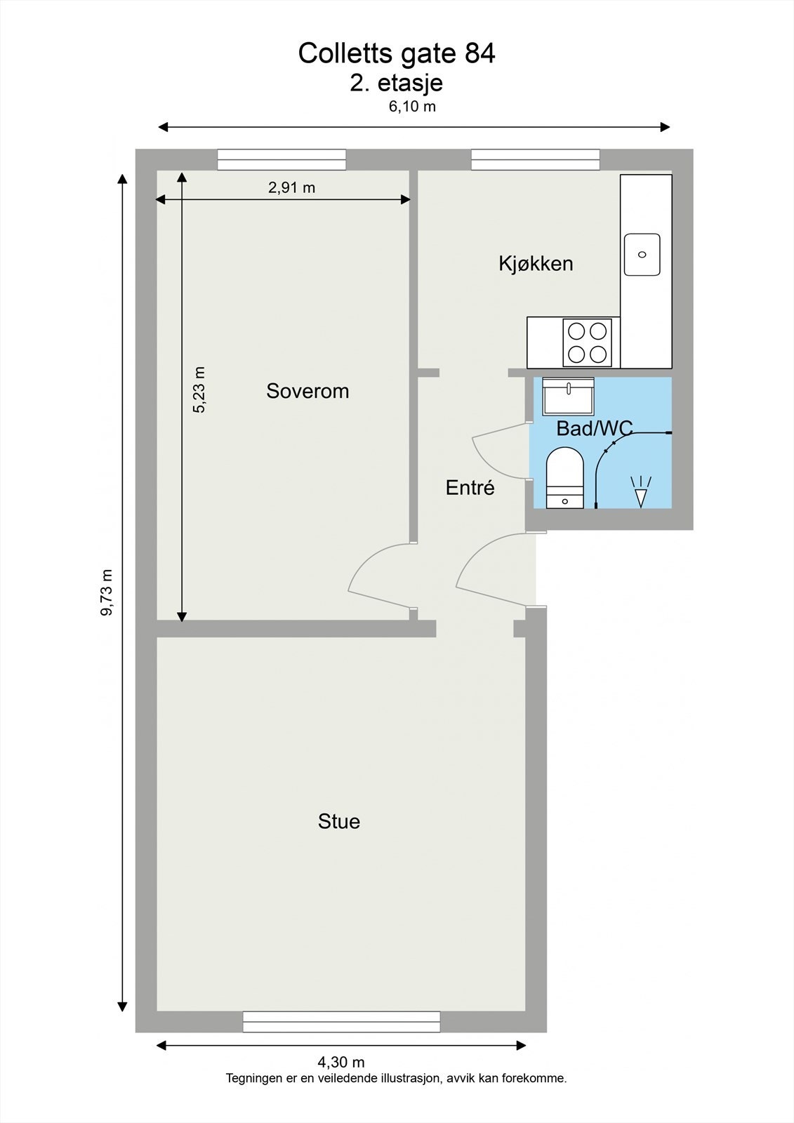 Leiligheten ligger i 2.etasje og har en gjennomgående planløsning som inneholder entrè, stue, separat kjøkken, romslig soverom og baderom. Galleribilde