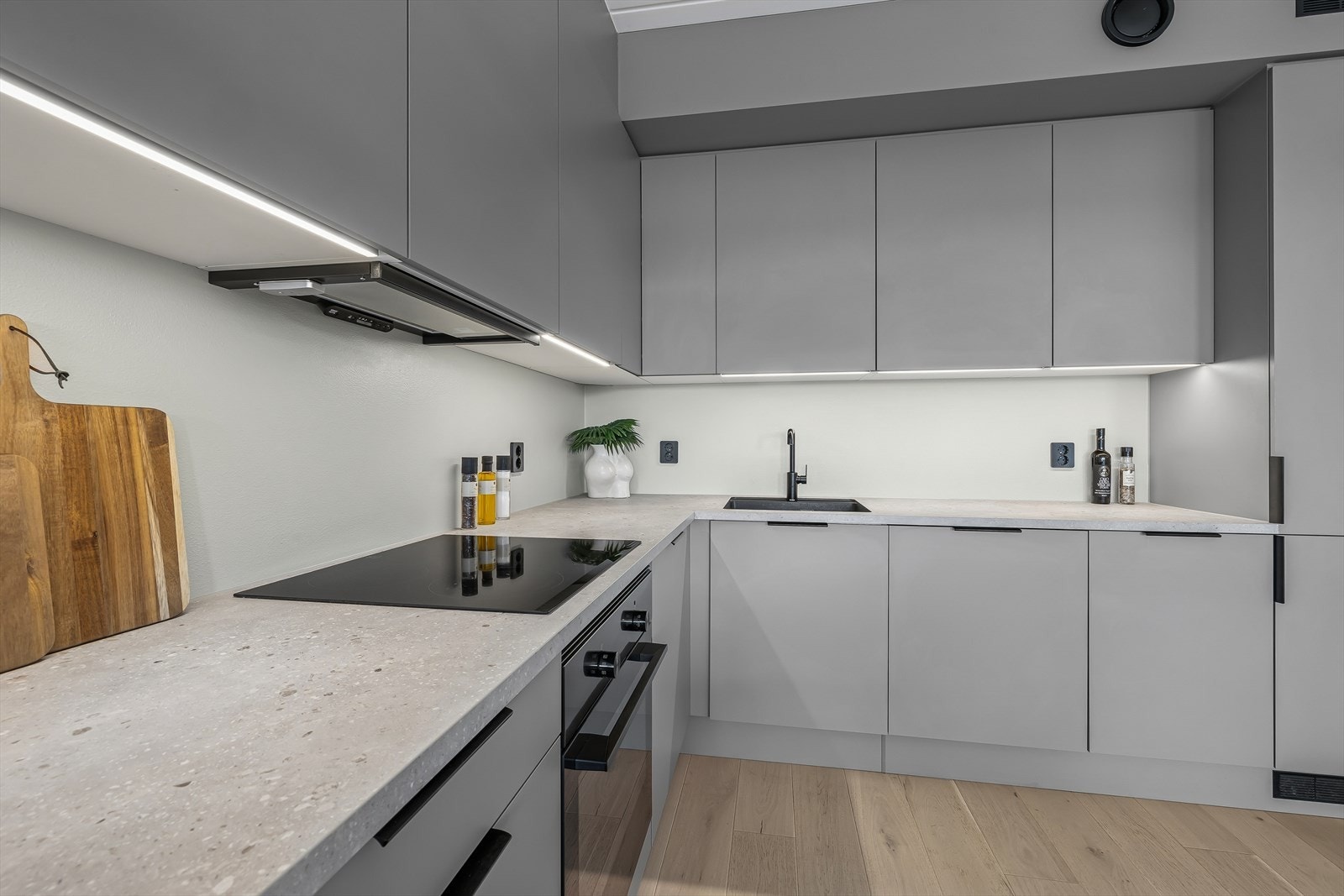 Kjøkkenet er ellers utstyrt med kombiskap, oppvaskmaskin, stekeovn, koketopp og kjøkkenventilator med avtrekk via balansert ventilasjonsanlegg. I tillegg er det montert lekkasjestopper og komfyrvakt. Galleribilde