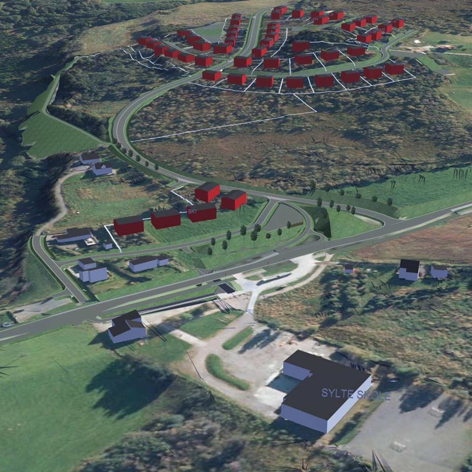 Her ser dere utkast med tegninger av infrastruktur fra Sylte skule og oppover i feltet. Galleribilde