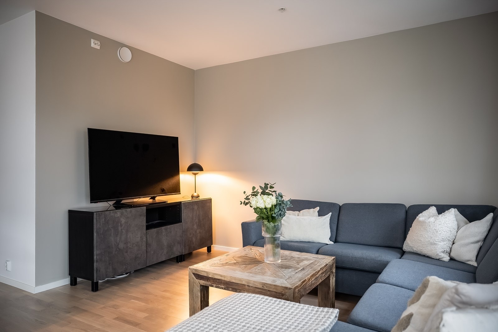 Fra balkongen og inn i stuen har du praktisk stuekrok. Overflatene er listfrie og malt i moderne farger. Galleribilde