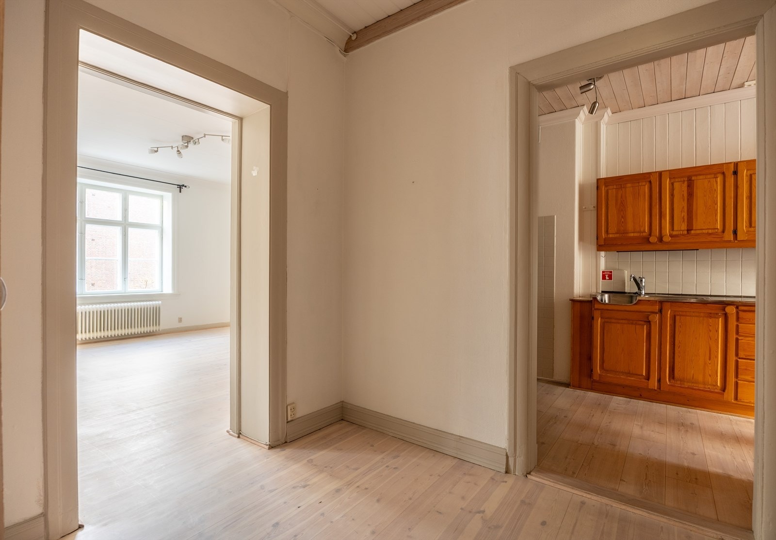 Gang med tregulv, og panel og malt overflate på vegger Galleribilde