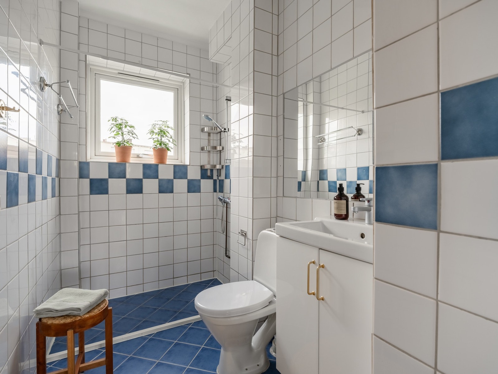 Det er innredet med dusjhjørne, toalett, servant med innredning og speil. Galleribilde