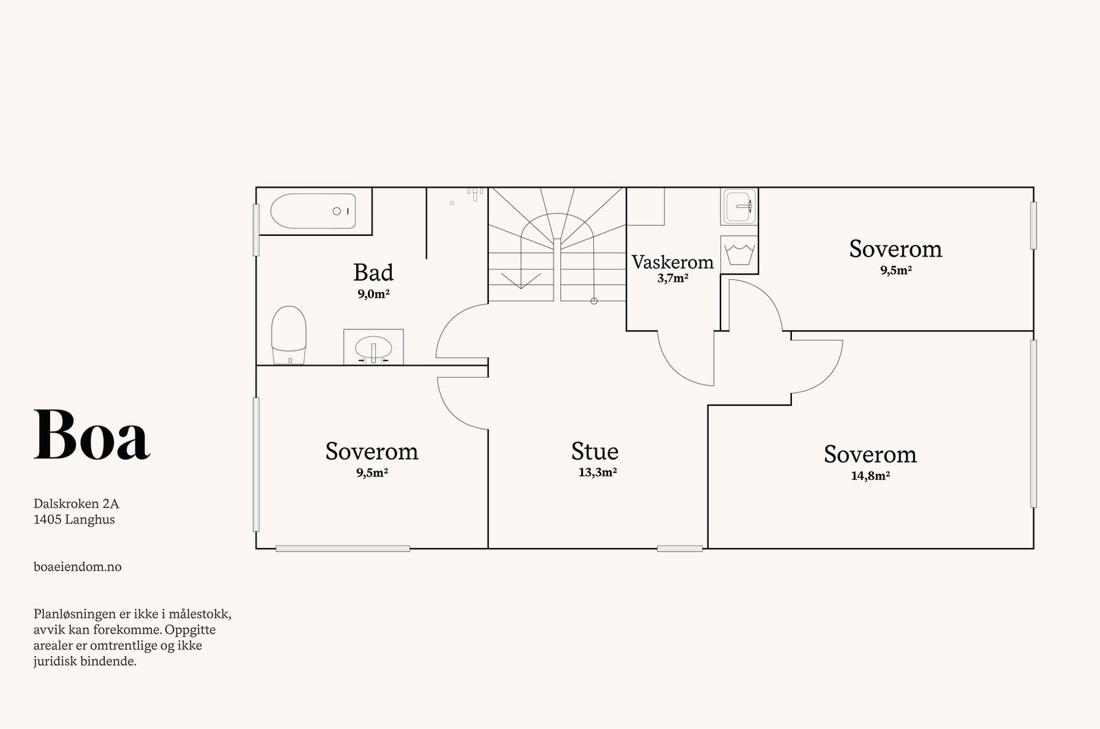 2. etasje: Stue, bad, tre soverom og vaskerom/teknisk rom. Galleribilde