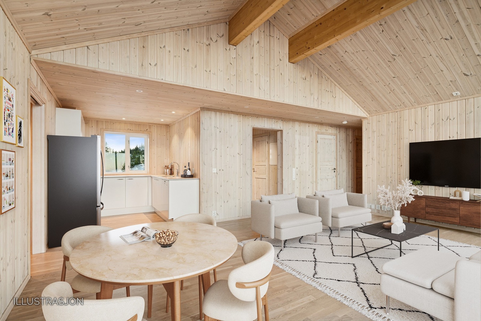 Stuen ligger i åpen løsning til kjøkkenet. Galleribilde