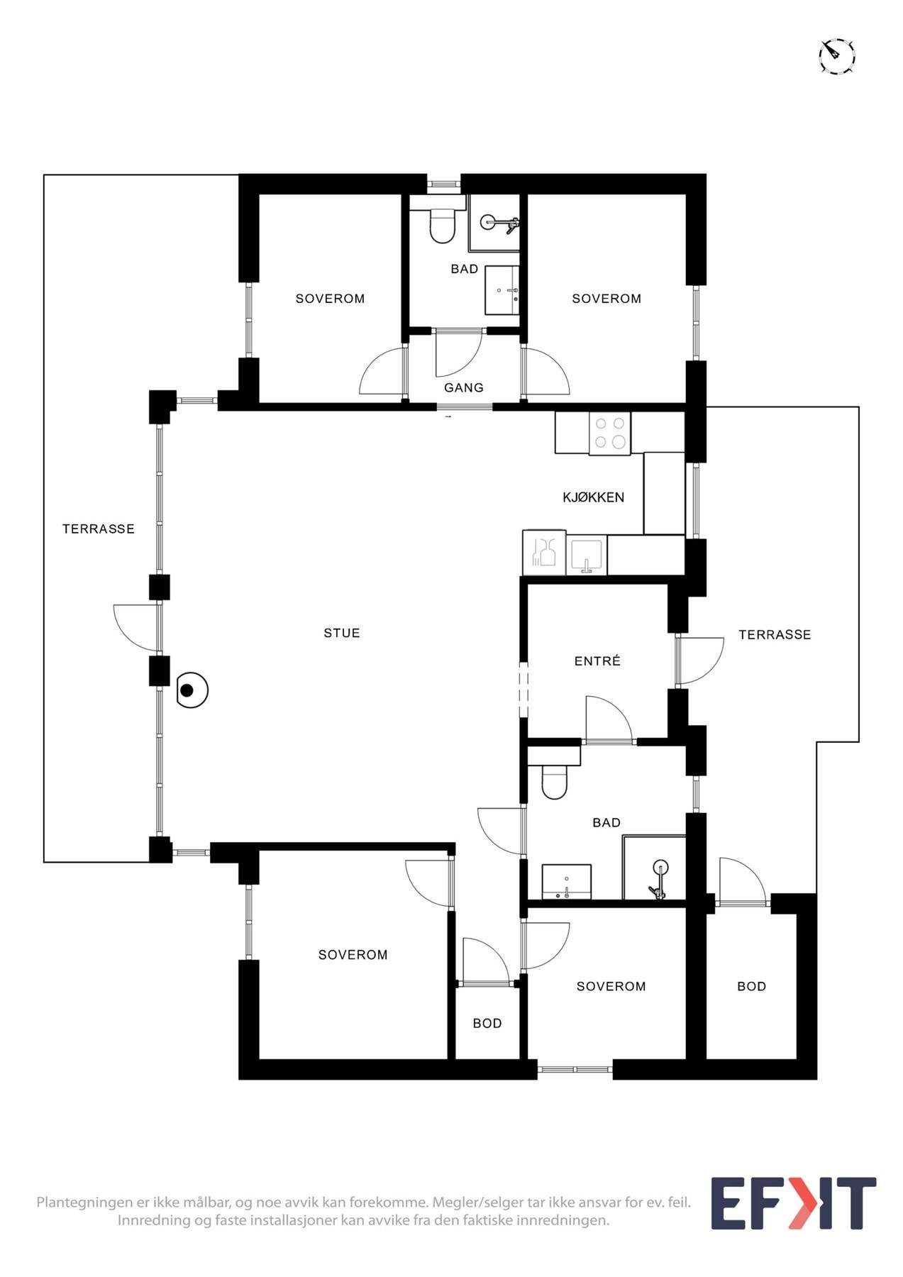 Plantegning som viser planløsningen over hytten. Galleribilde