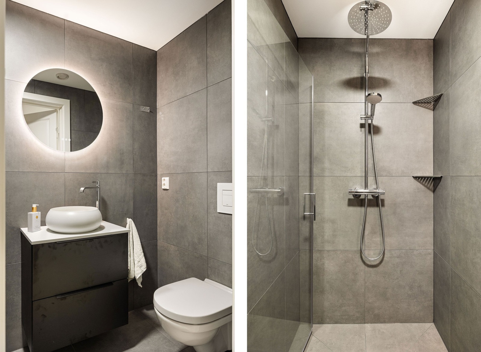 Bad 2 med oppgradert design i delikate farge og flisvalg. Badet har dusjløsning, servant med innredning og vegghengt toalett. Galleribilde