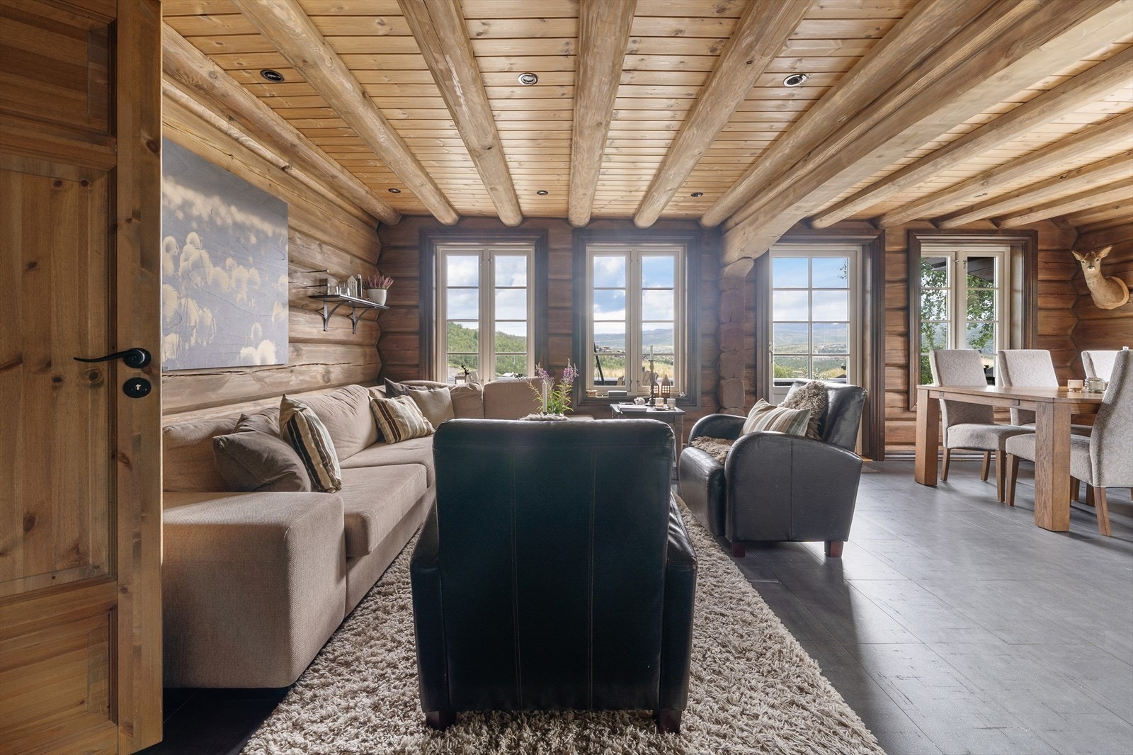 Koselig stue med åpen kjøkkenløsning - utgang til terrasse med vid utsikt over Hovden. Galleribilde