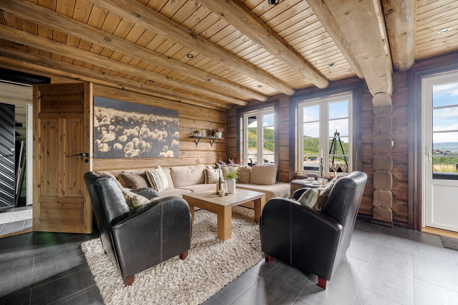 Koselig stue med åpen kjøkkenløsning - utgang til terrasse med vid utsikt over Hovden. Galleribilde