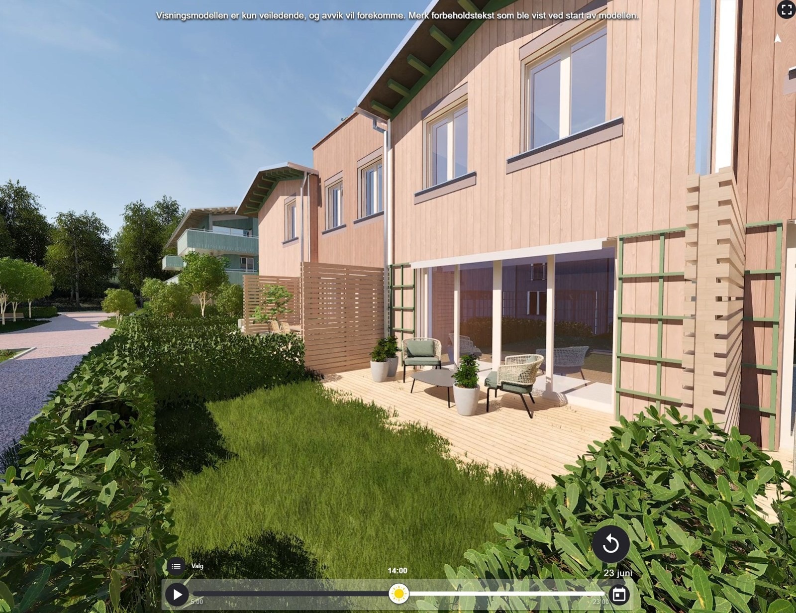 Sydvestvendt uteplass på ca. 43 kvm: terrasse og hage. Galleribilde