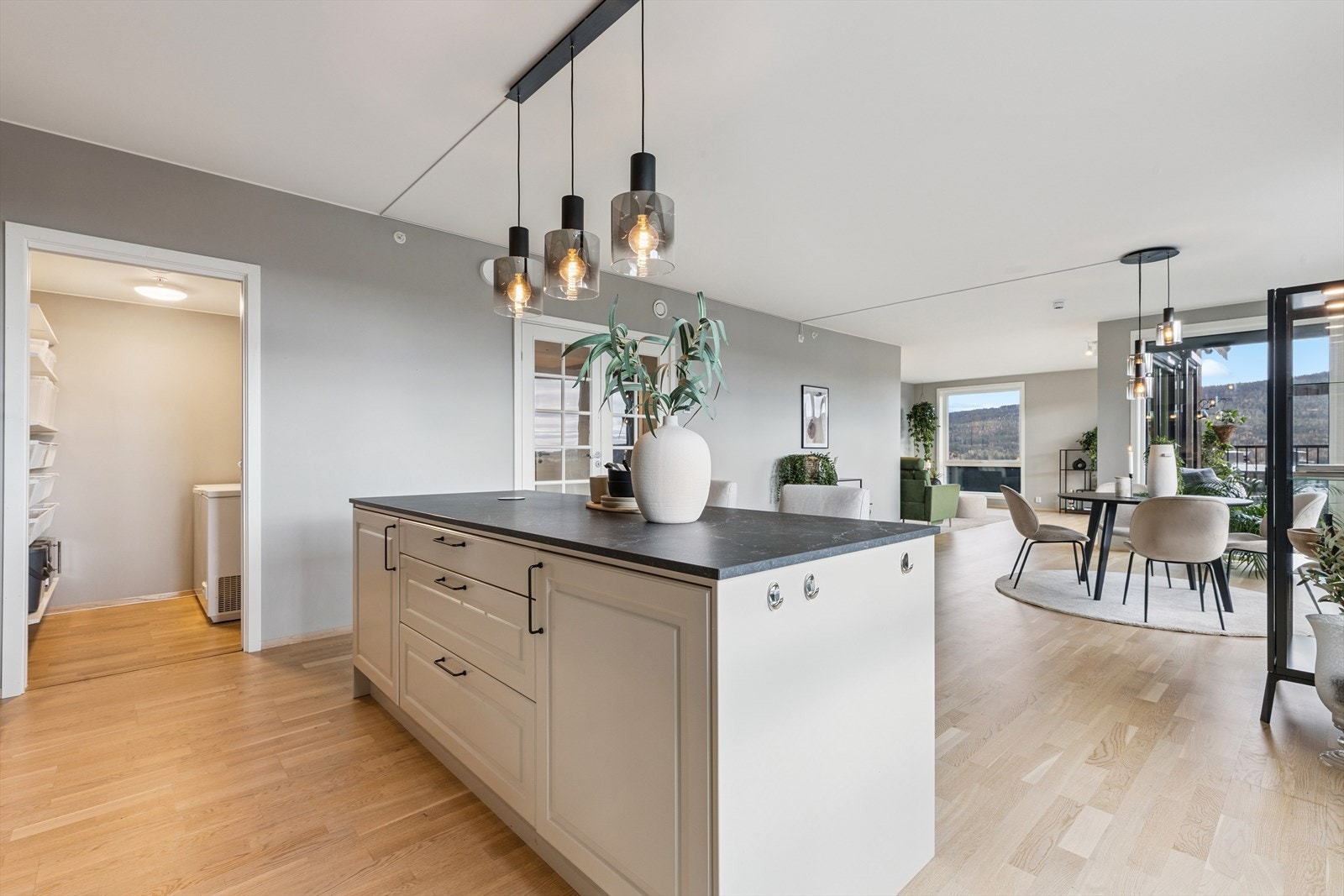 Innenfor kjøkkenet finner du en funksjonell og praktisk bod. Galleribilde