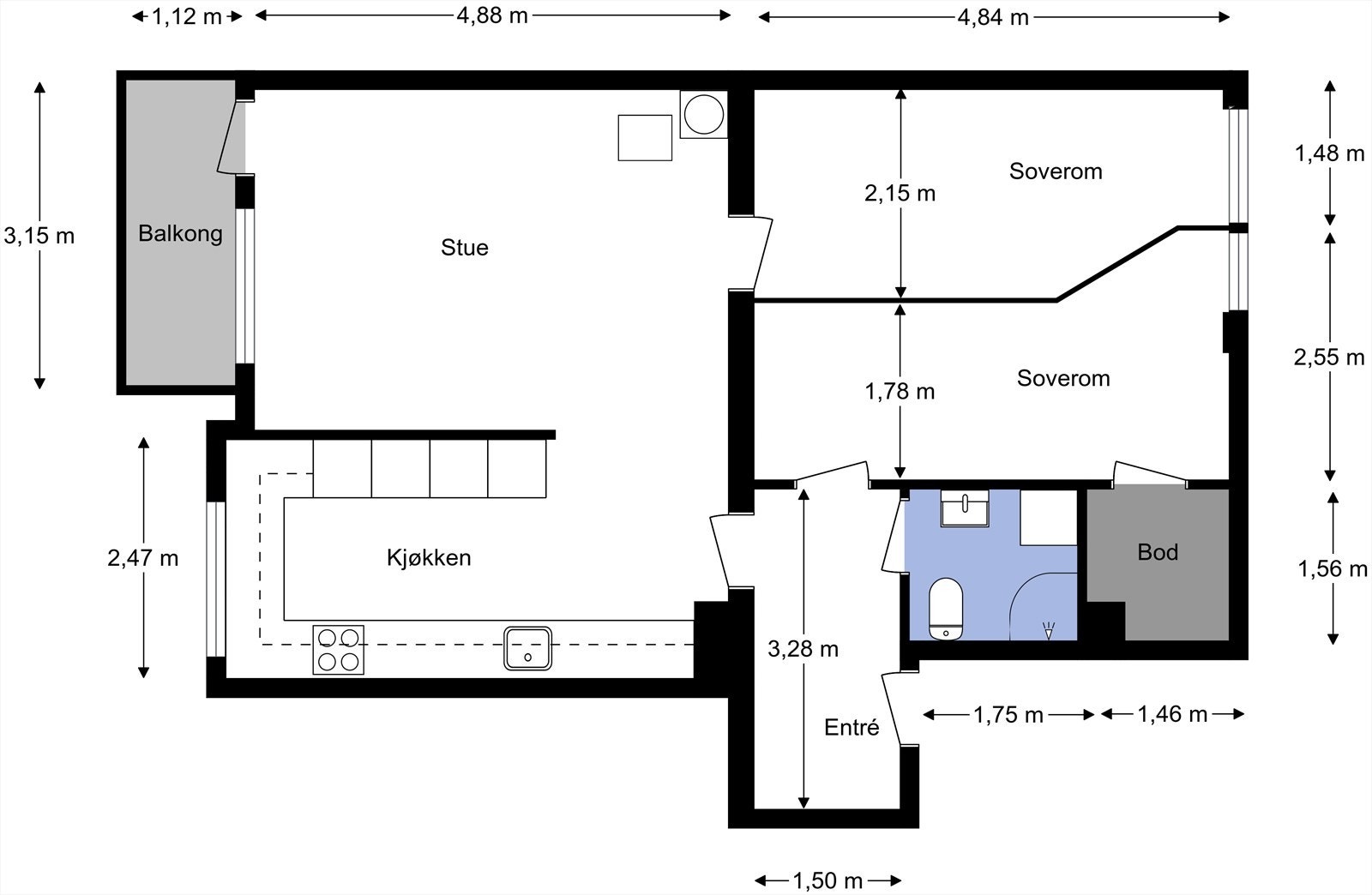 Alternativ plantegning fra takstmann med mulighet for å gjøre om til en 3-roms leilighet. Galleribilde