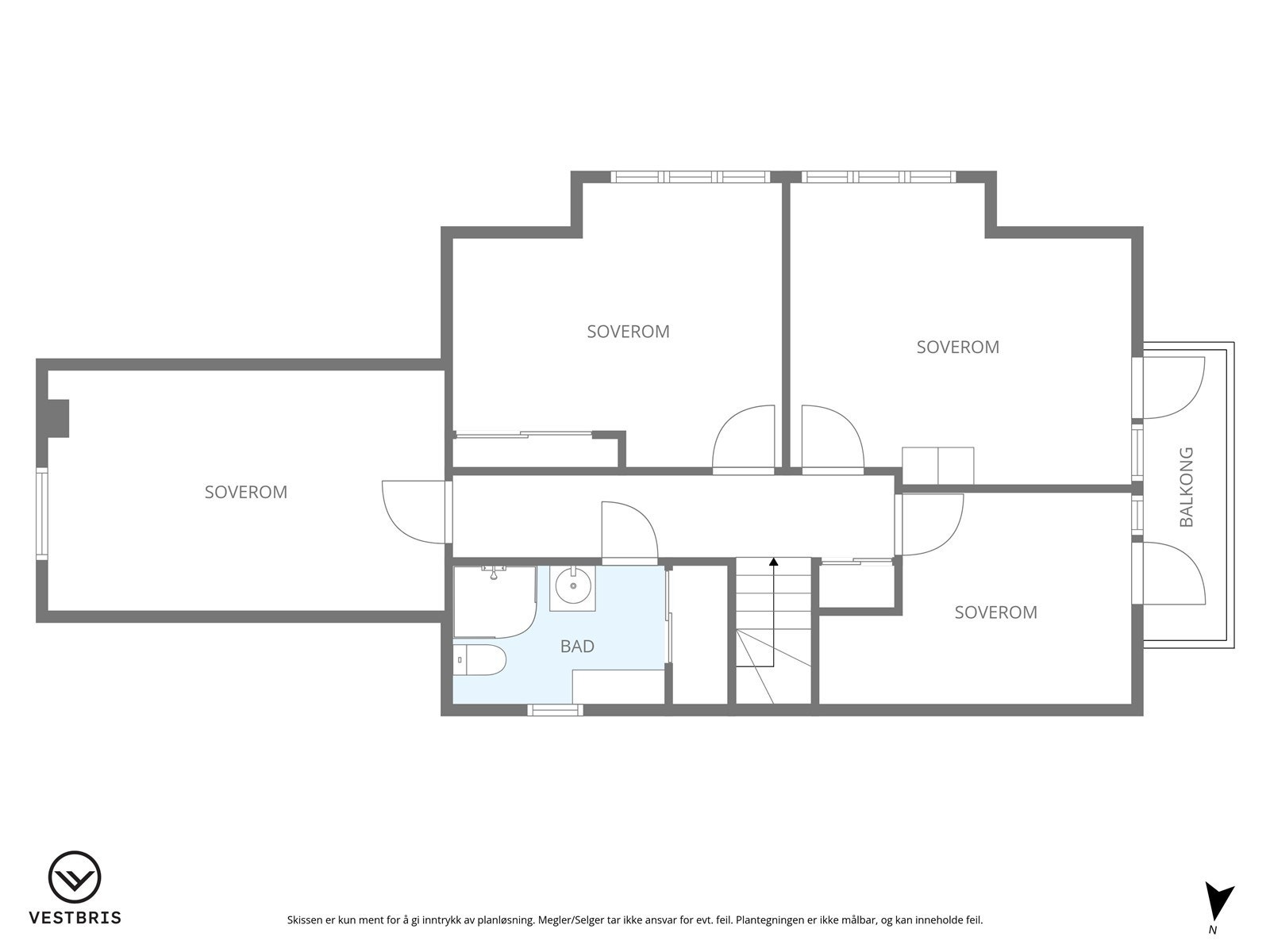 Plantegning 2.etasje. Det gjøres oppmerksom på at rom betegnet som "soverom" i tilbygg på planløsningen ikke er omsøkt/godkjent - Se punkt om ferdigattest for mer informasjon. Galleribilde