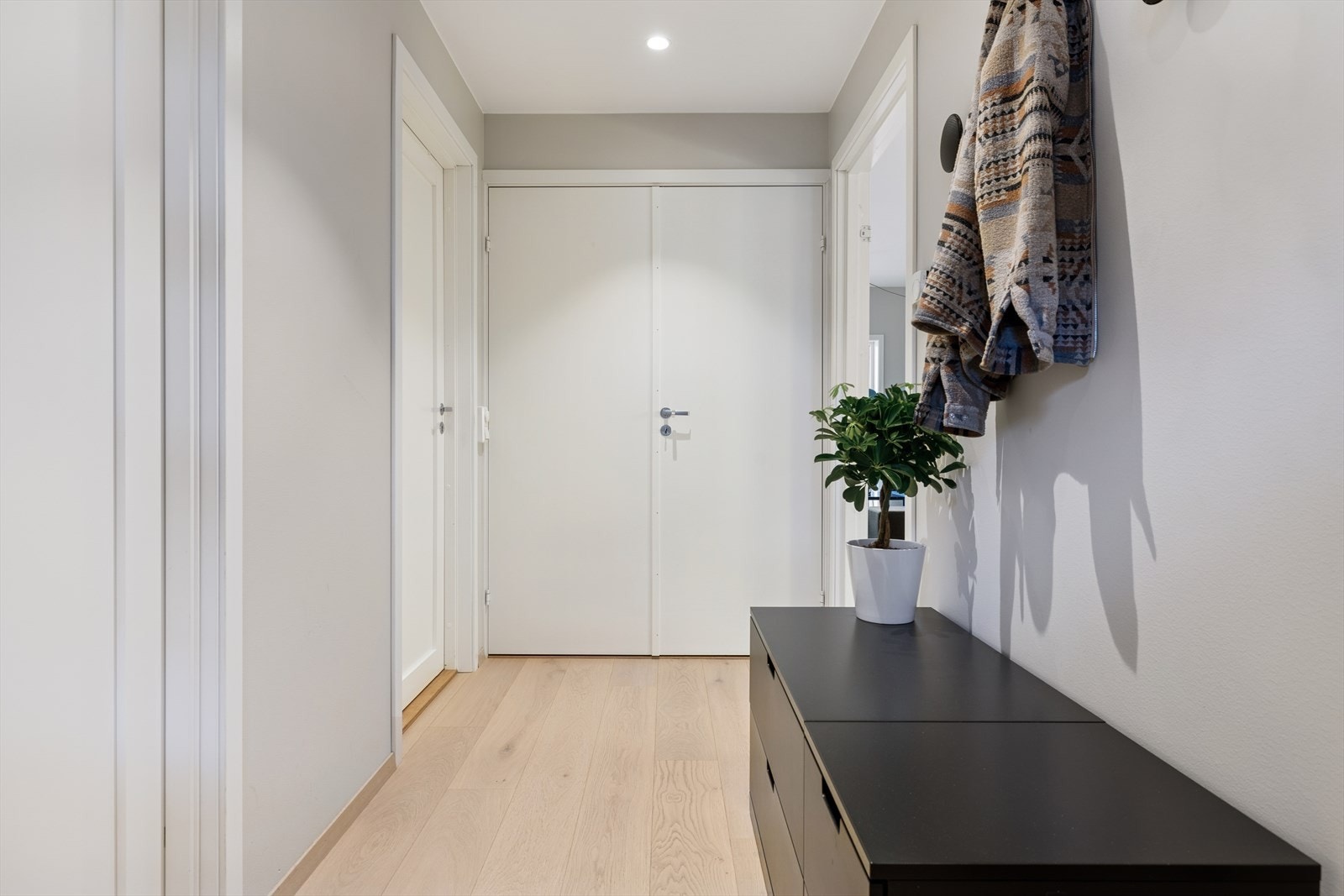 I enden av entréen finner du et teknisk rom med doble dører med noe ekstra lagringsplass. Downlights i himlingen gir et moderne og stilrent preg. Galleribilde