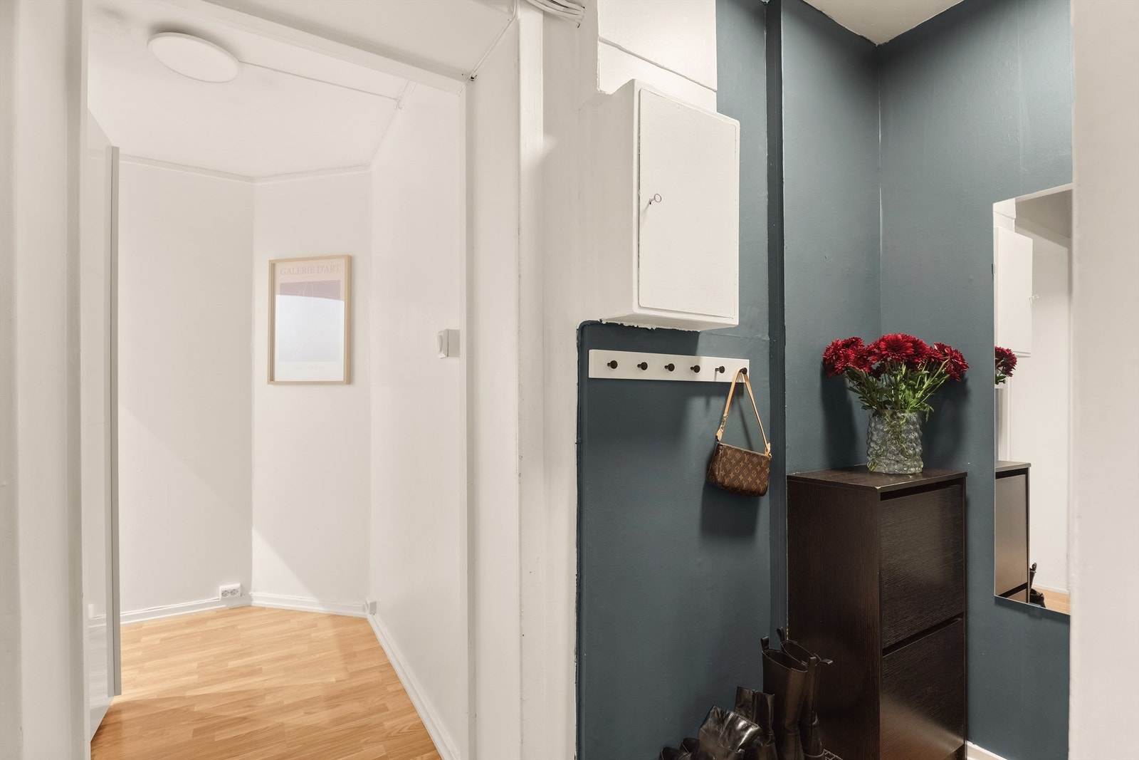 Innbydende entré med plass til å henge fra seg skotøy og yttertøy. Mellomgang mot stue med ekstra plass for garderobeskap. Galleribilde