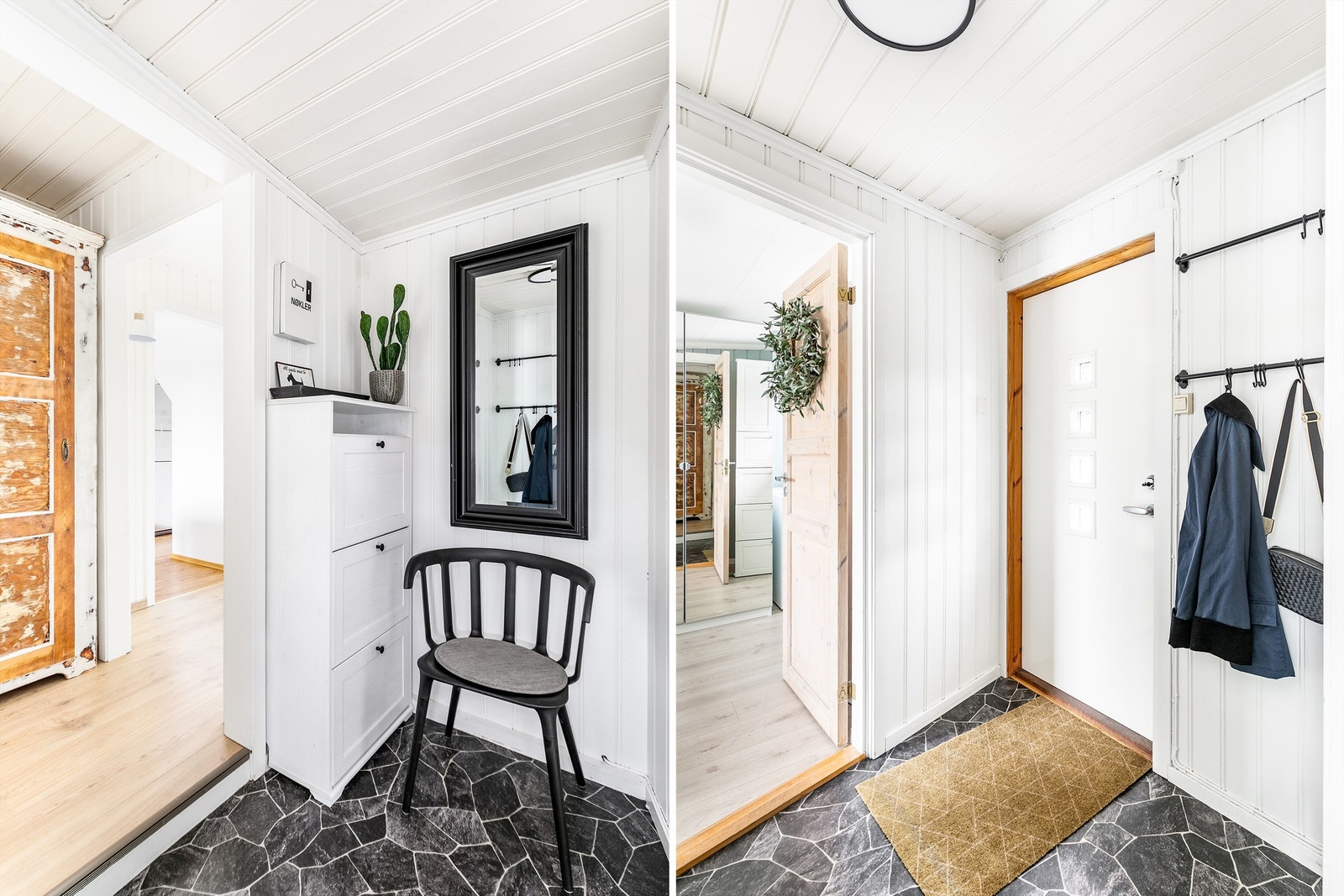 Entreen er byggemeldt som utvendig tram, men innlemmet i tilbygget. Det finnes ingen dokumentasjon på at dette er godkjent. Galleribilde