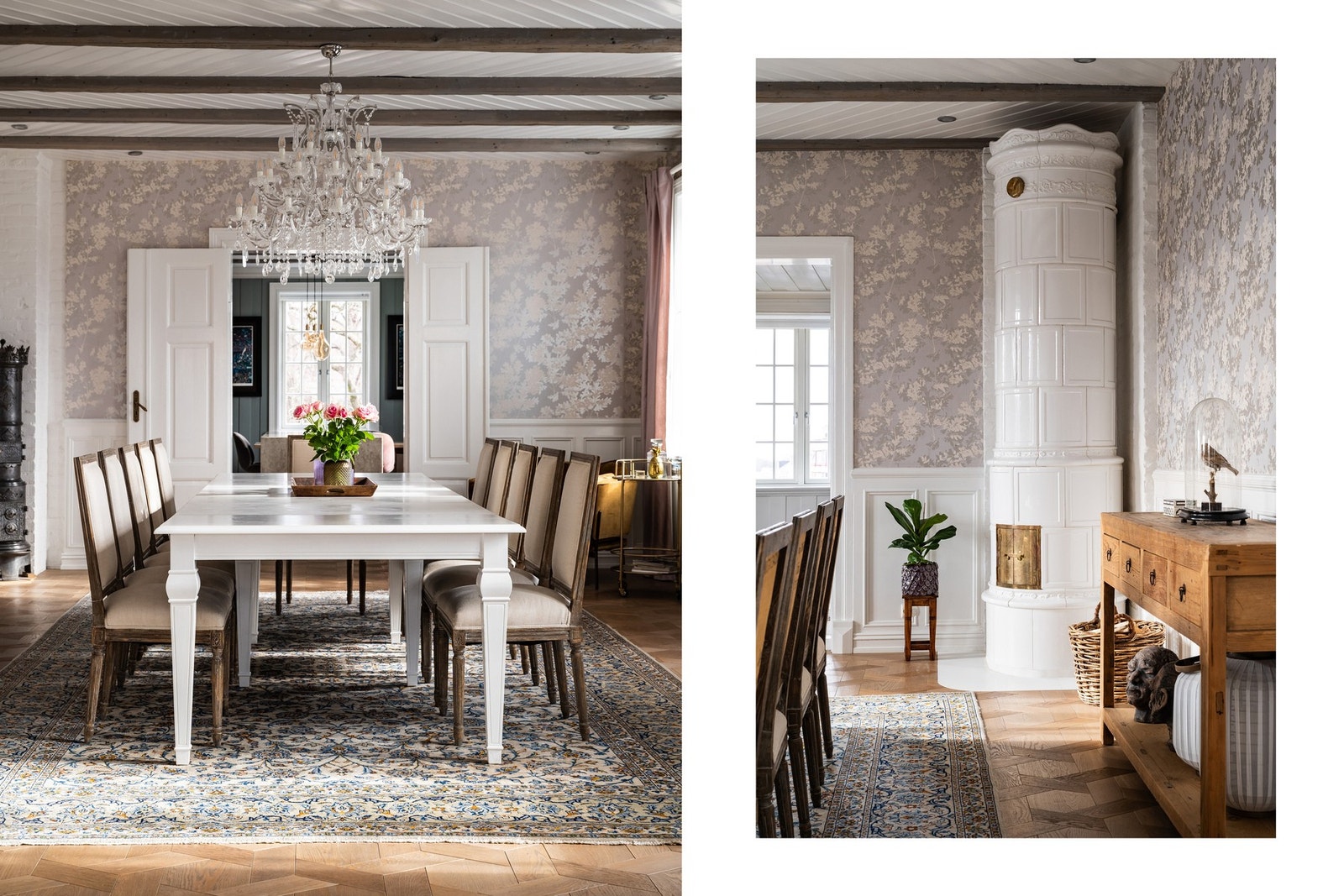 Den majestetiske kakkelovnen føyer seg elegant inn i husets historiske rammer. Galleribilde