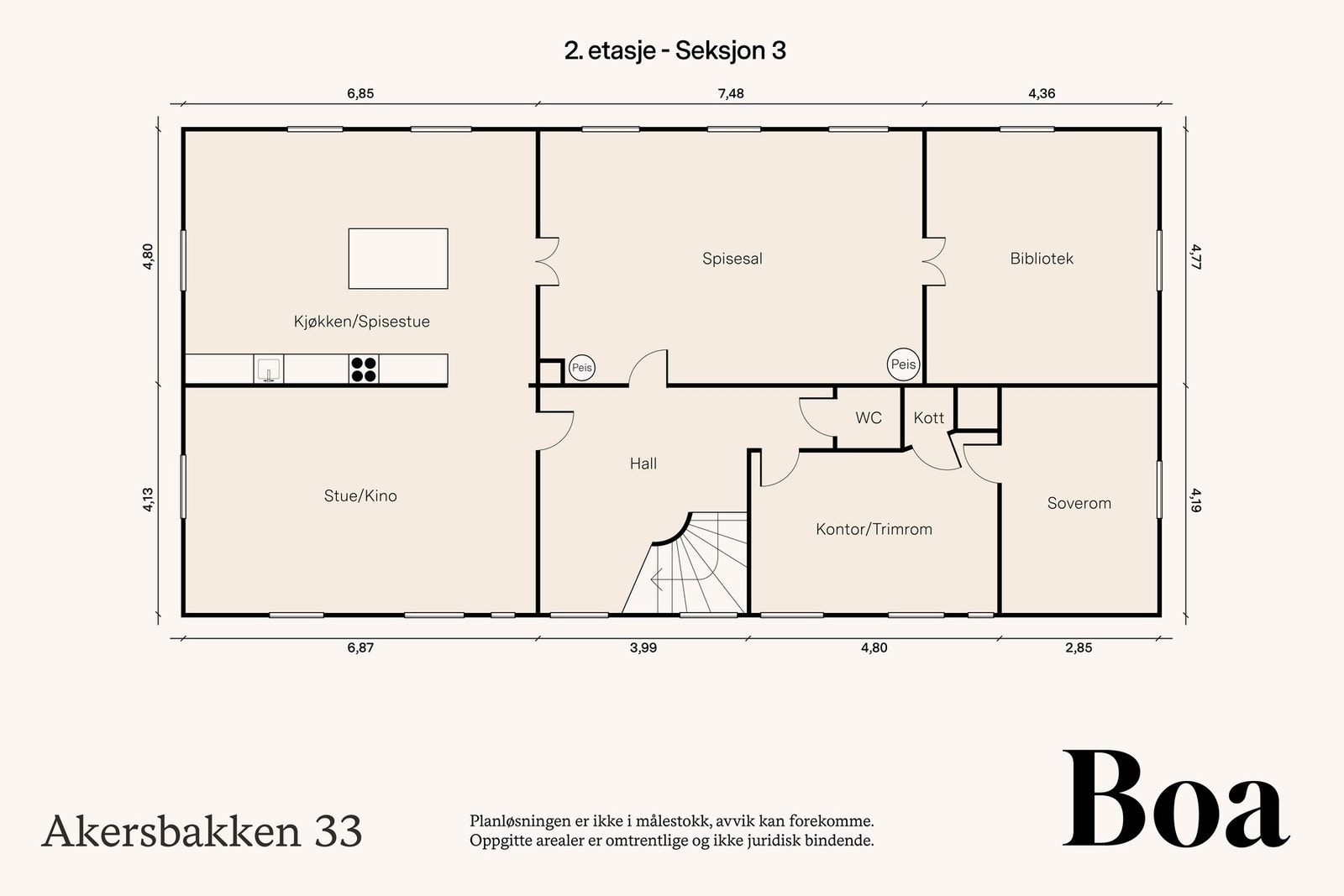 2. etasje: Toalettrom, kott, kjøkken og to spisestuer, stue/kino, bibliotek, trimrom/kontor og ett soverom. Galleribilde