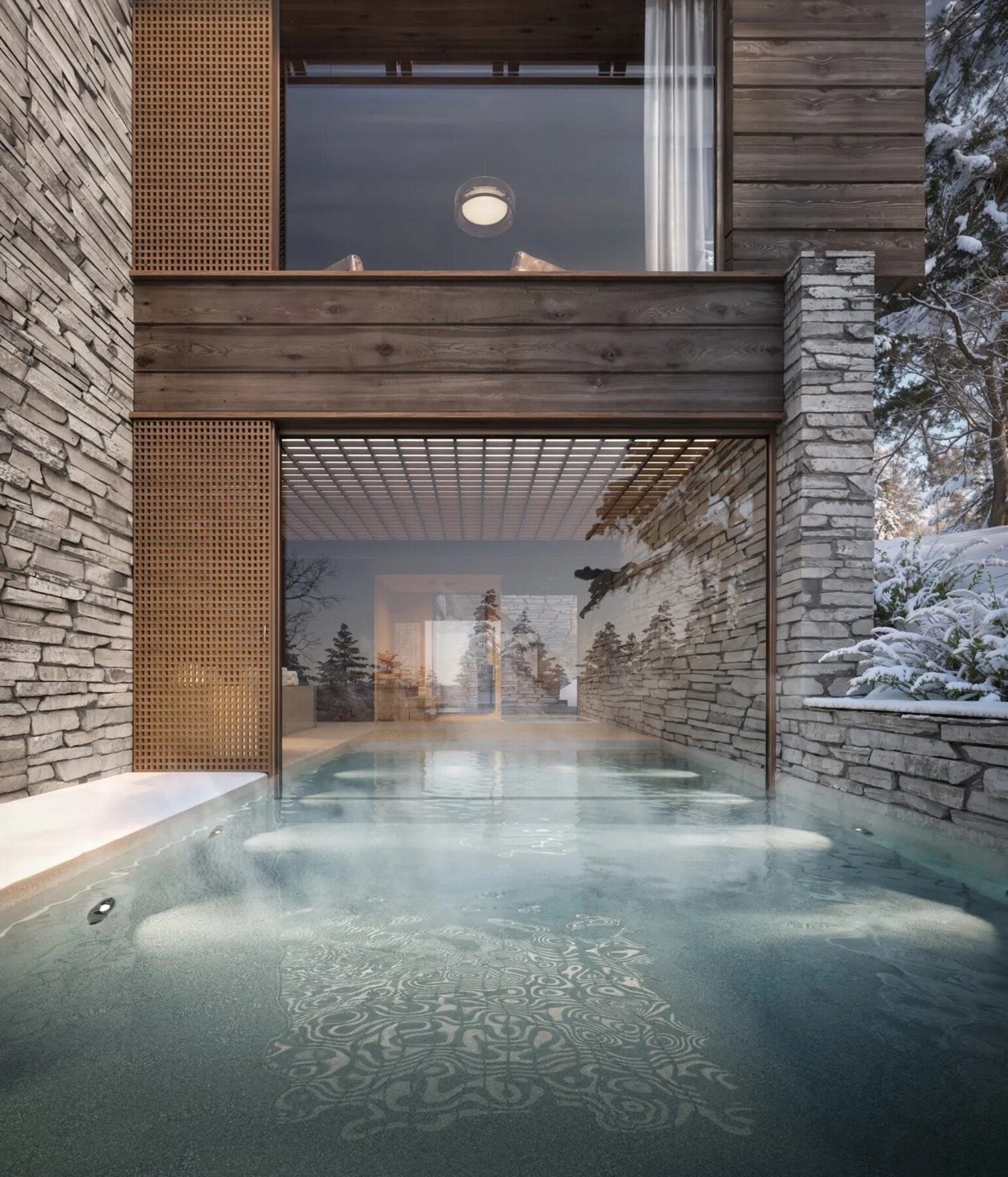 Eksklusivt basseng med hev- og senkbar bunn og glassvegg - inne og ute Galleribilde