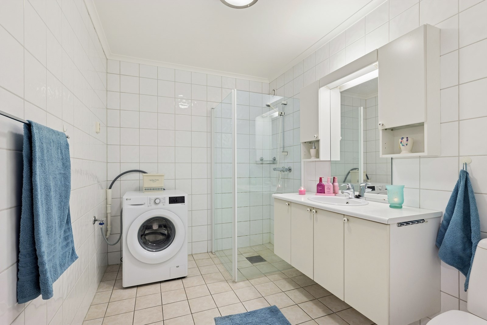 Taket er malt. Rommet er innredet med en servantinnredning, toalett og dusjdører, og det er opplegg for vaskemaskin. Ventilasjonen er mekanisk. Galleribilde