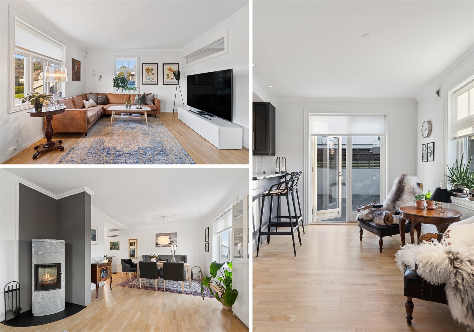 Stue, spisestue og kjøkken / allrom inviterer til sosiale og innbydende møteplasser for familie og venner Galleribilde