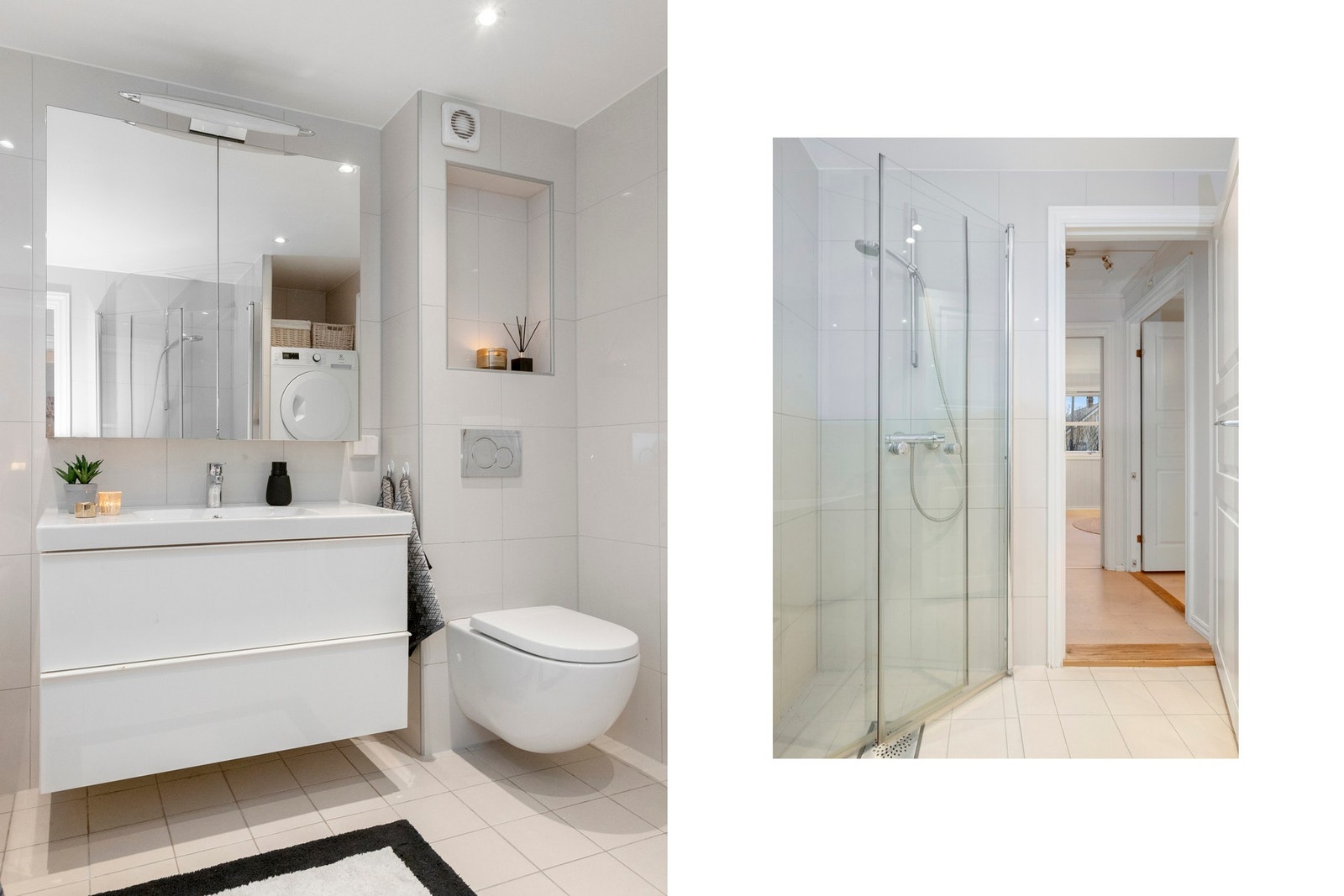 Lyst og tiltalende bad fra 2013 med bl.a vegghengt toalett og dusjhjørne med innfellbare dusjdører. Galleribilde