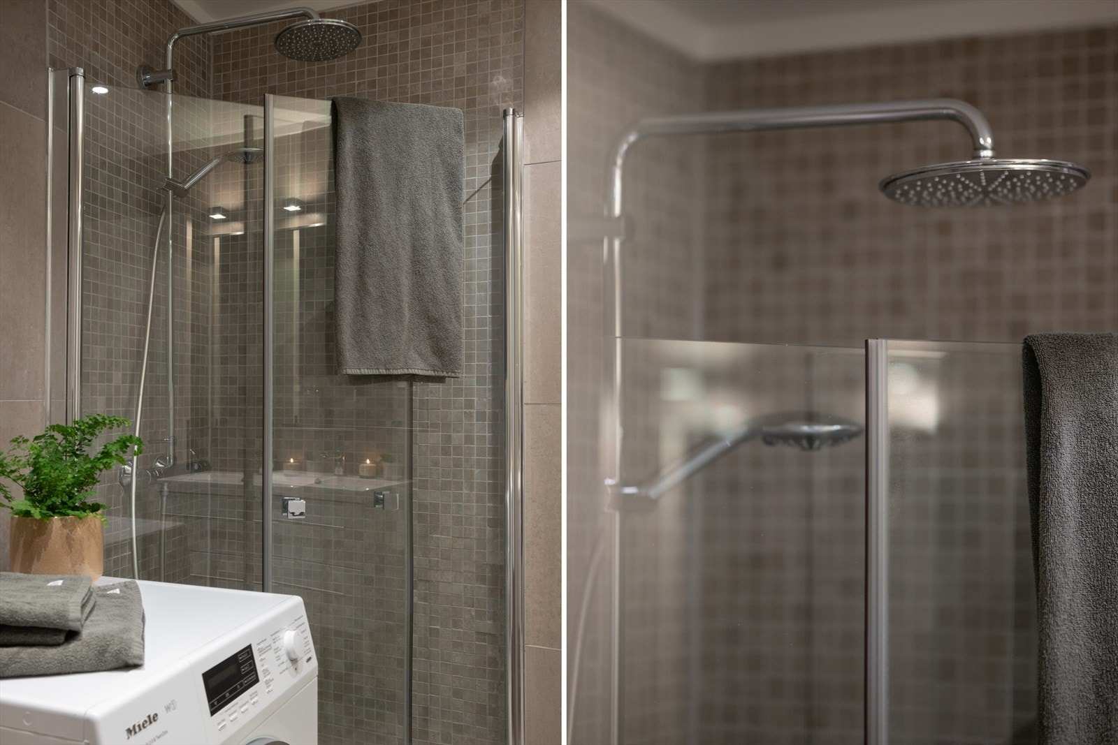 Badet har veggmontert WC, servant med innredning, speil, dusjløsning med glassdører og regnfallsdusj, samt opplegg for vaskemaskin Galleribilde