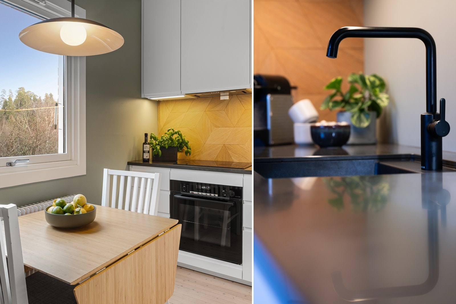 Kjøkkenet har benkeplate i kvarts med underlimt vask. Over benk er det montert trefliser i eikefiner Galleribilde