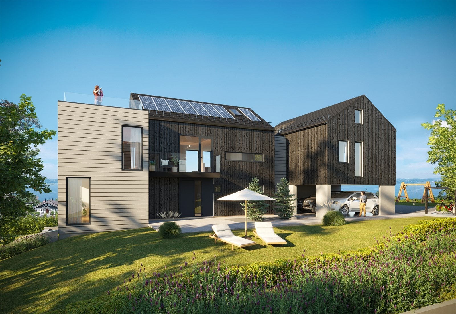 Illustrasjon av eksempel på arkitekttegnet bolig tilpasset tomt 24. Denne bolig innholder hoveddel med parktikantdel (261 kvm), og egen sekundærbolig (52 kvm). Kjøper av tomten står fritt til å velge egen boligtype og størrelse. Galleribilde