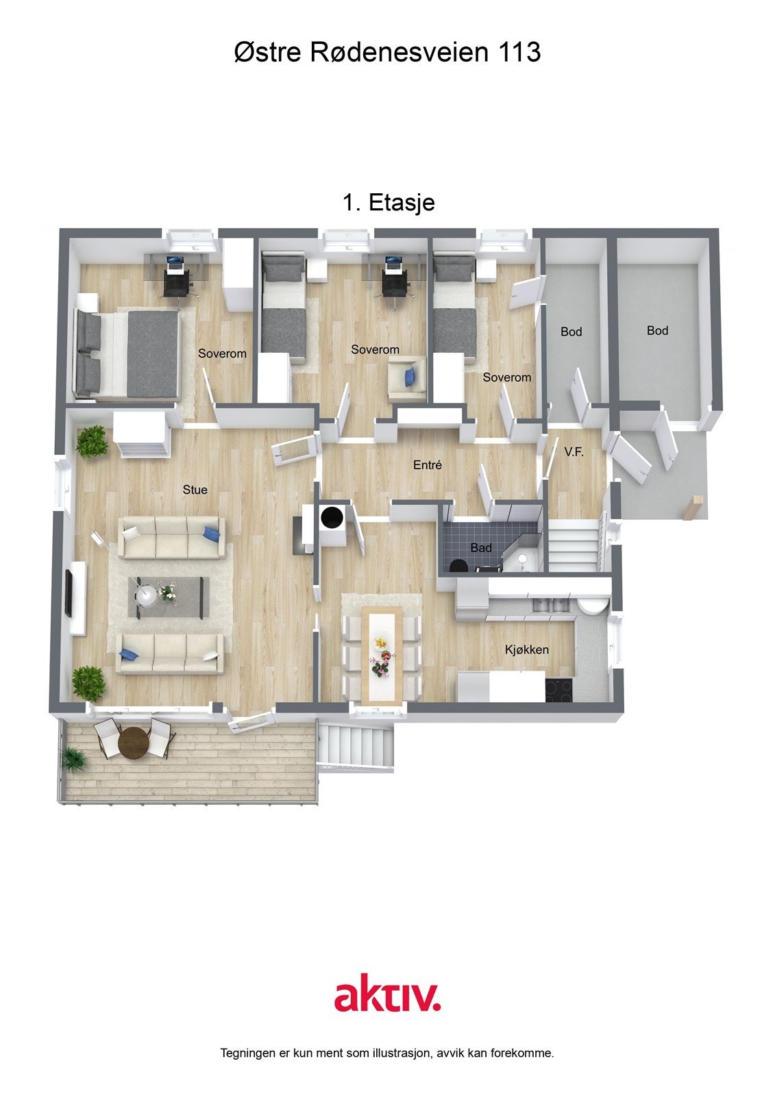 Plantegningen viser en romslig stue med vedovn og utgang til veranda. Kjøkkenet har slette, malte fronter og laminerte benkeplater, med ventilator ført ut i det fri. Galleribilde