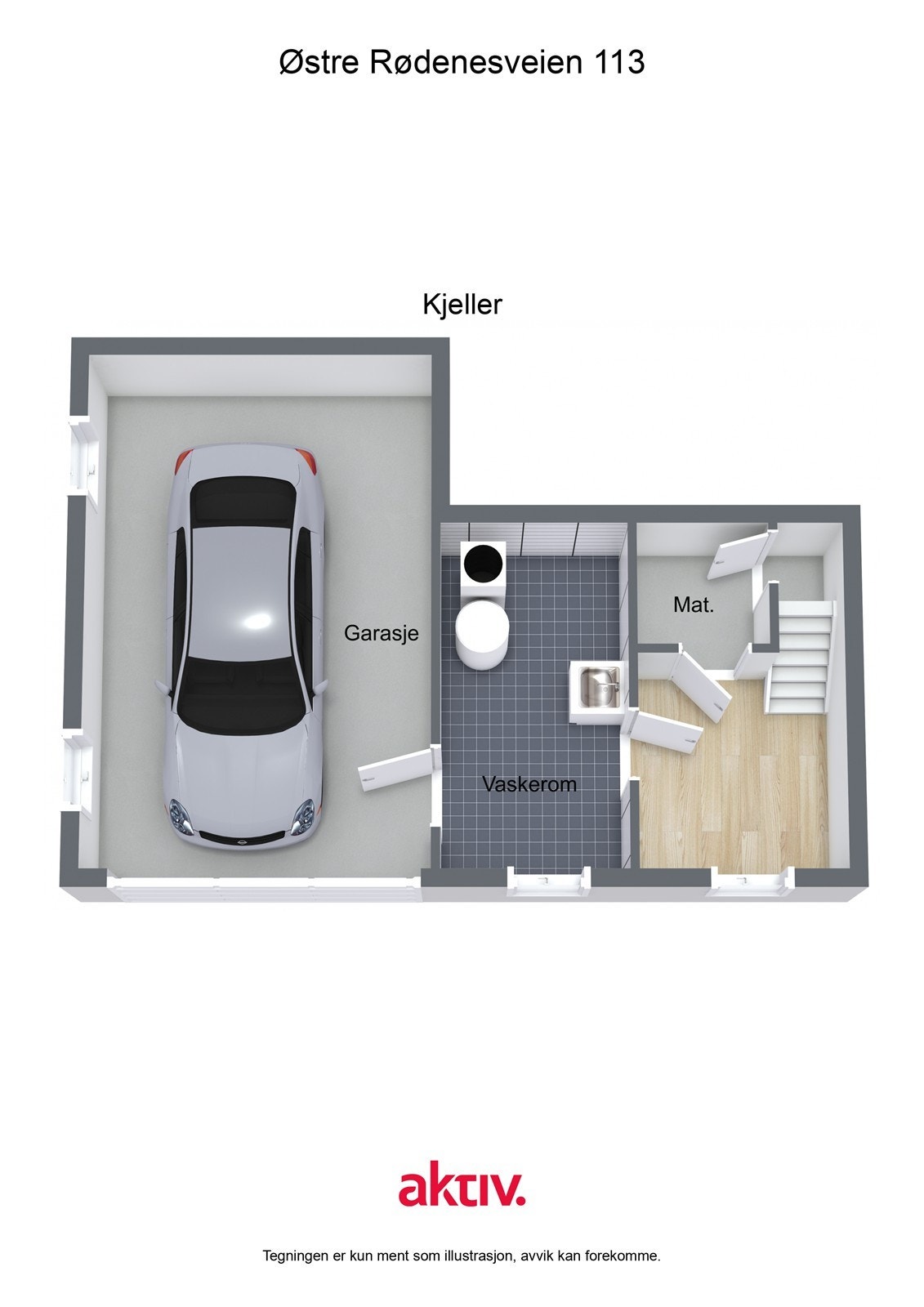 Kjelleren har et vaskerom med betonggulv og opplegg for vaskemaskin. Garasjen er tilgjengelig fra kjelleren. Galleribilde