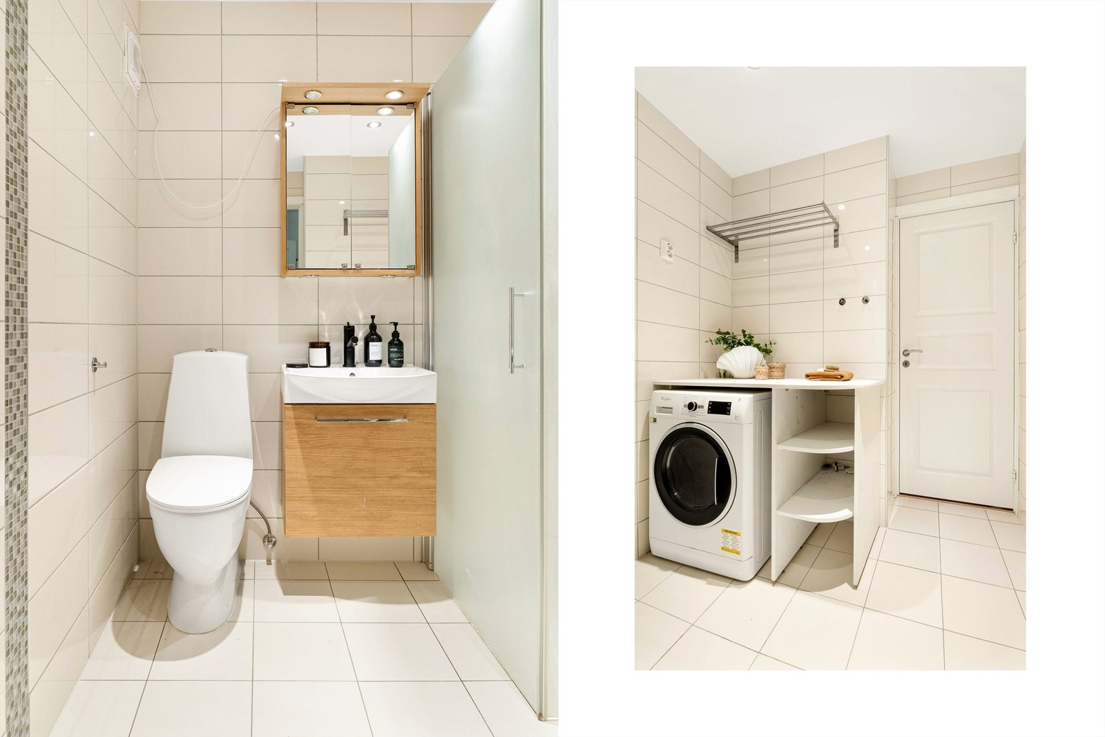 Badet er stilrent i tidløse farger med en god arbeidsbenk og hyller ved vaskemaskinen. Galleribilde