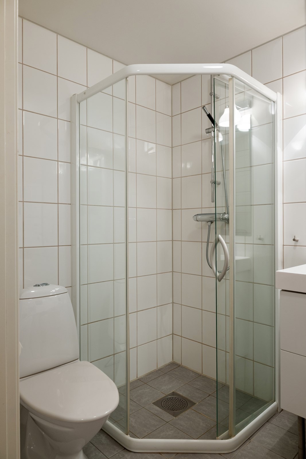 Badet er innredet med dusjhjørne, vask i seksjon, toalett og opplegg for vaskemaskin. Galleribilde