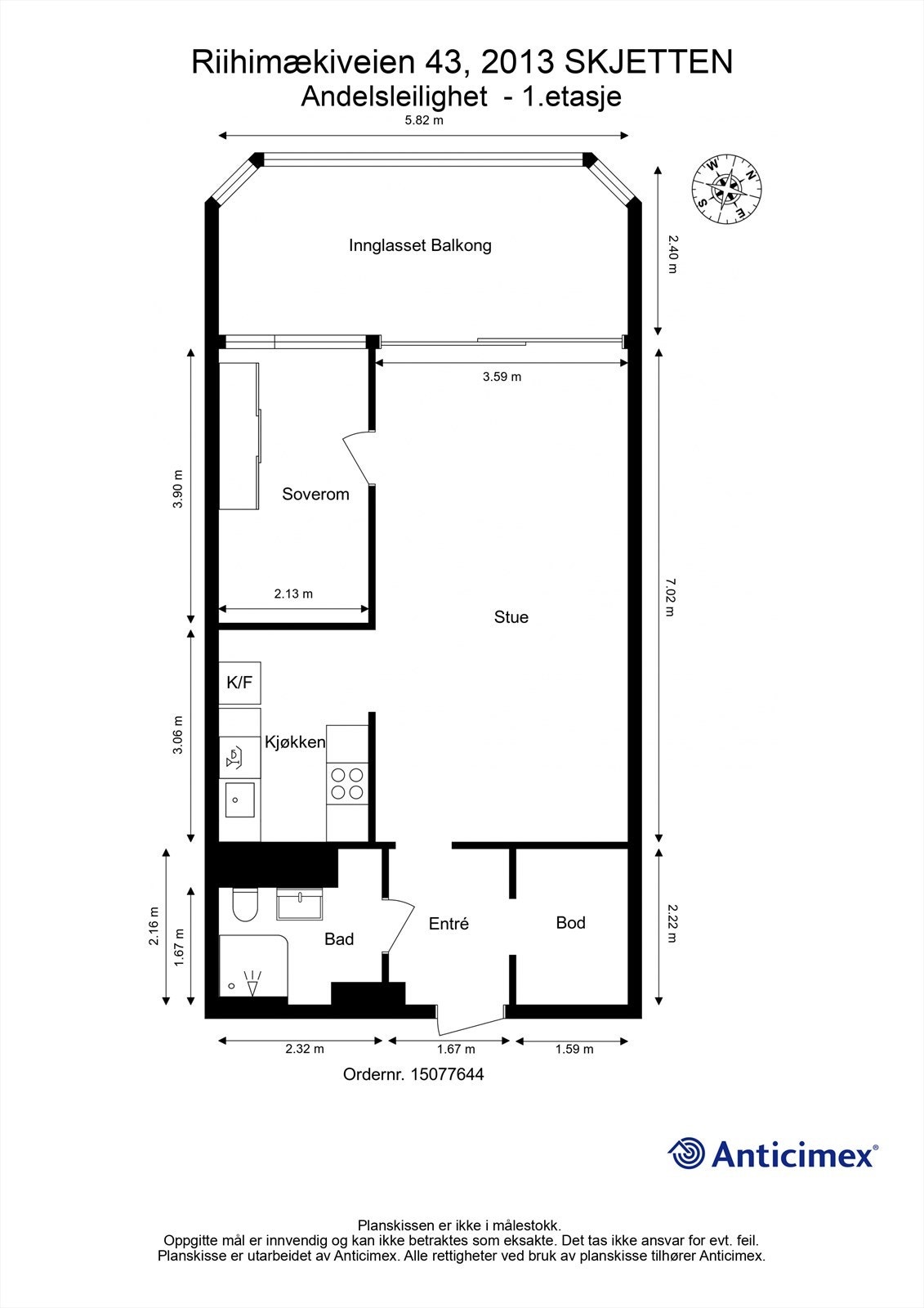 Plantegningen viser en arealeffektiv leilighet på 54 m² med åpen stue- og kjøkkenløsning. Galleribilde