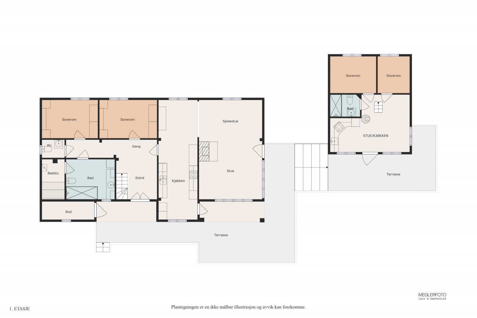 Plantegning hytte og anneks - hovedetasje. Galleribilde