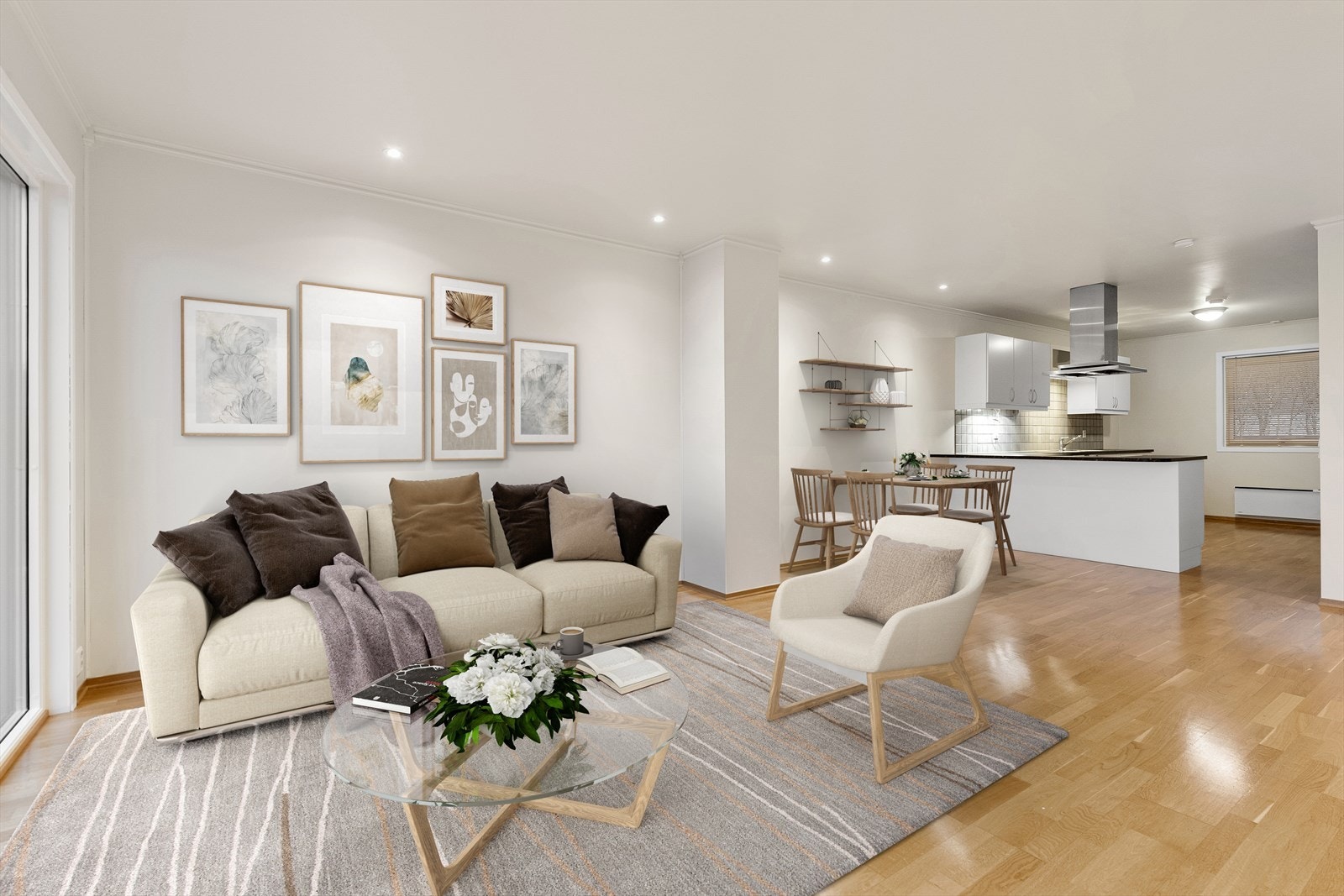 Stue og kjøkken er i åpen, praktisk løsning - digitalt møblert foto Galleribilde