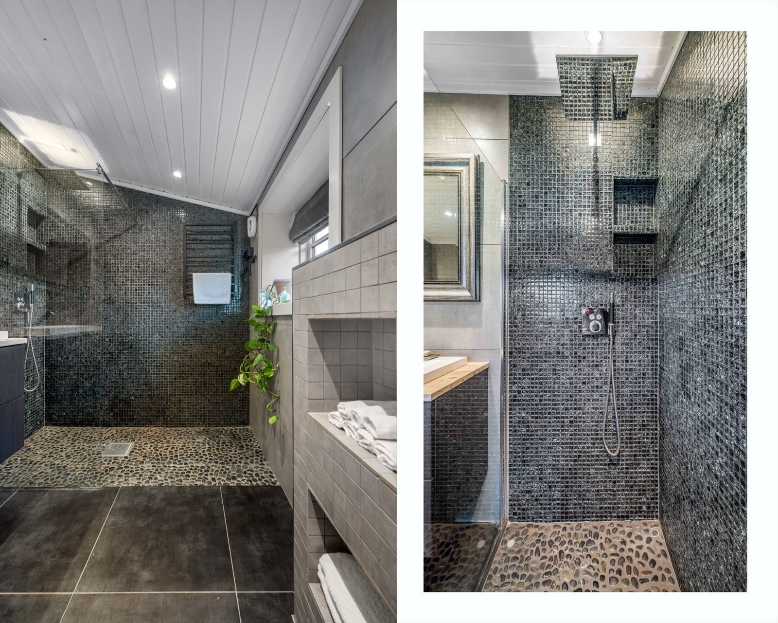 Det er montert en romslig baderomsinnredning med speil over. Videre har badet veggmontert toalett og dusjhjørne med glassfelt, regnfallsdusj og håndholdt dusj. Det er også opplegg for vaskemaskin og tørkestativ med elektrisk varme. Galleribilde