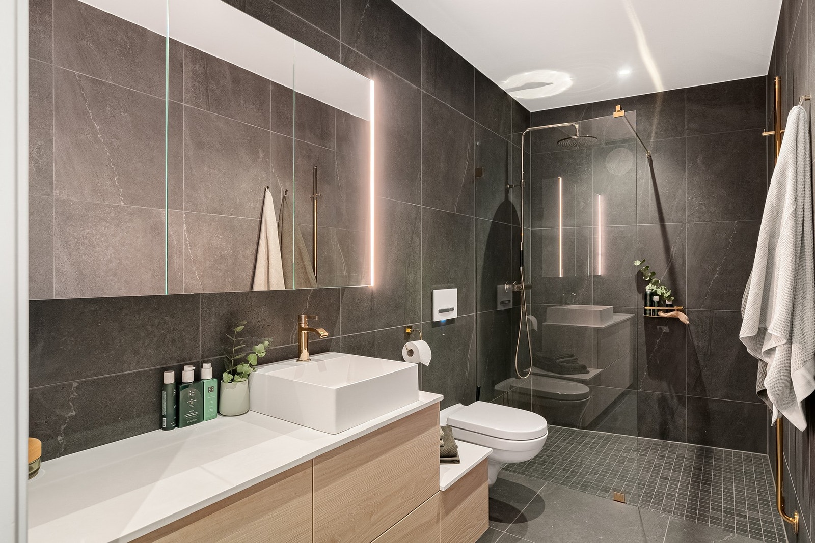 Vegghengt toalett med innovativ Geberit-løsning. Lekker glassvegg, oppheng for håndduker og regndusj. Galleribilde