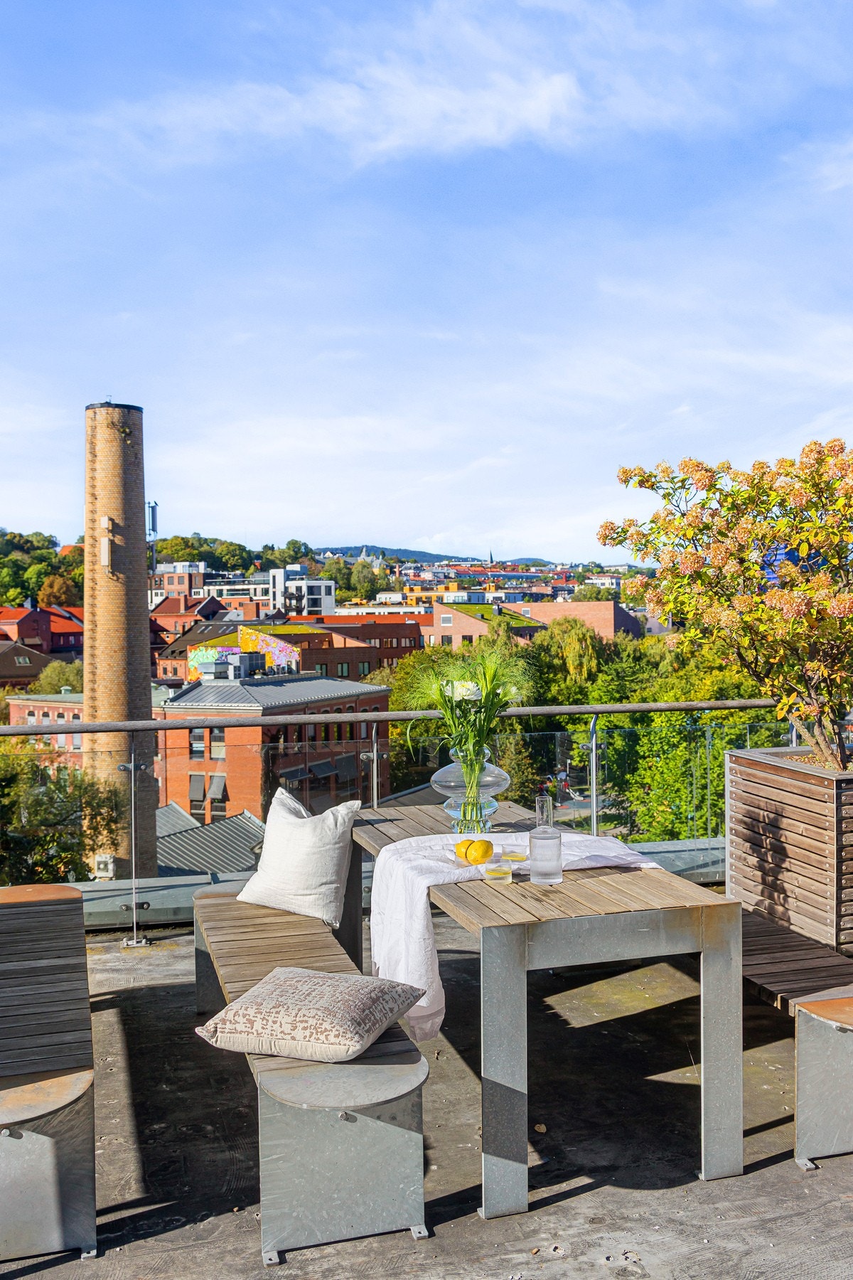 Pent opparbeidet med sittegrupper, grill og beplantning. Galleribilde