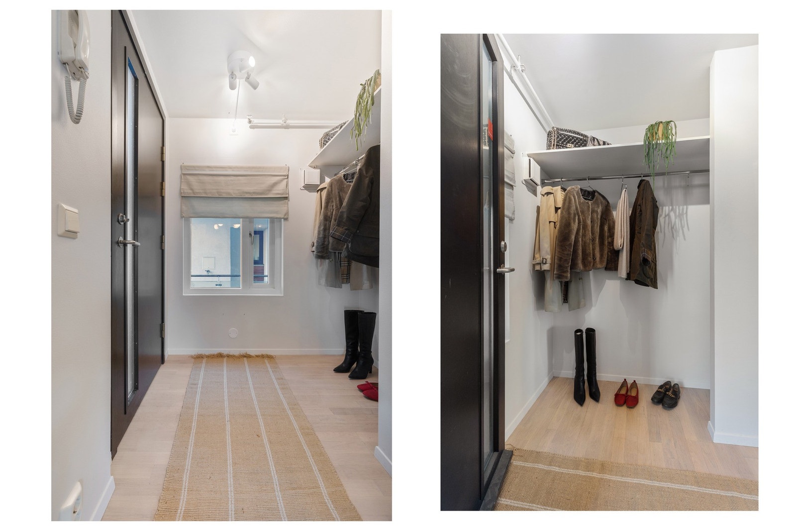 Romslig og innbydende entré med rikelig oppbevaringsplass. Dørcalling med åpner. Galleribilde