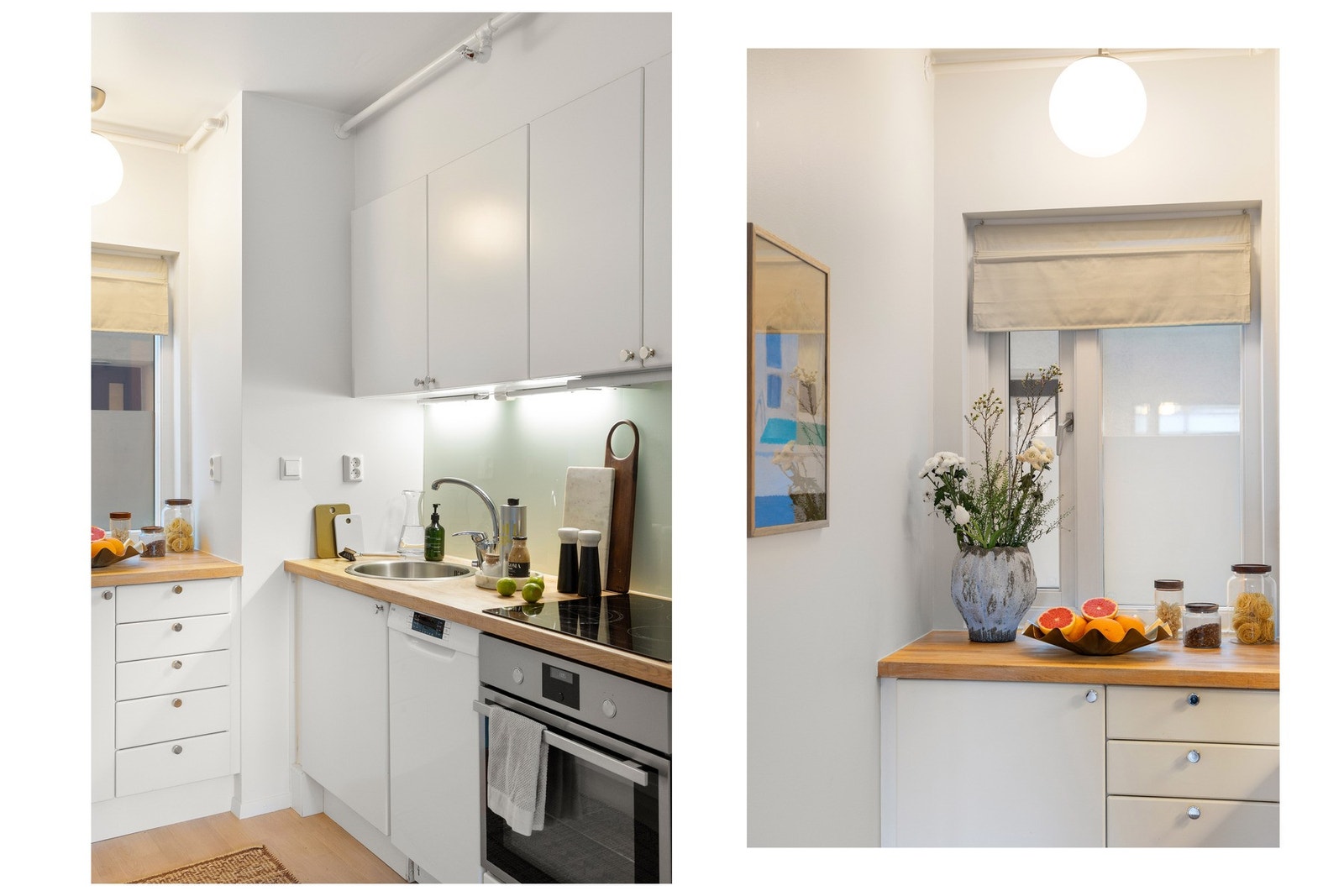 Hvitevarer består av integrert komfyr, koketopp, oppvaskmaskin og kombiskap. Galleribilde