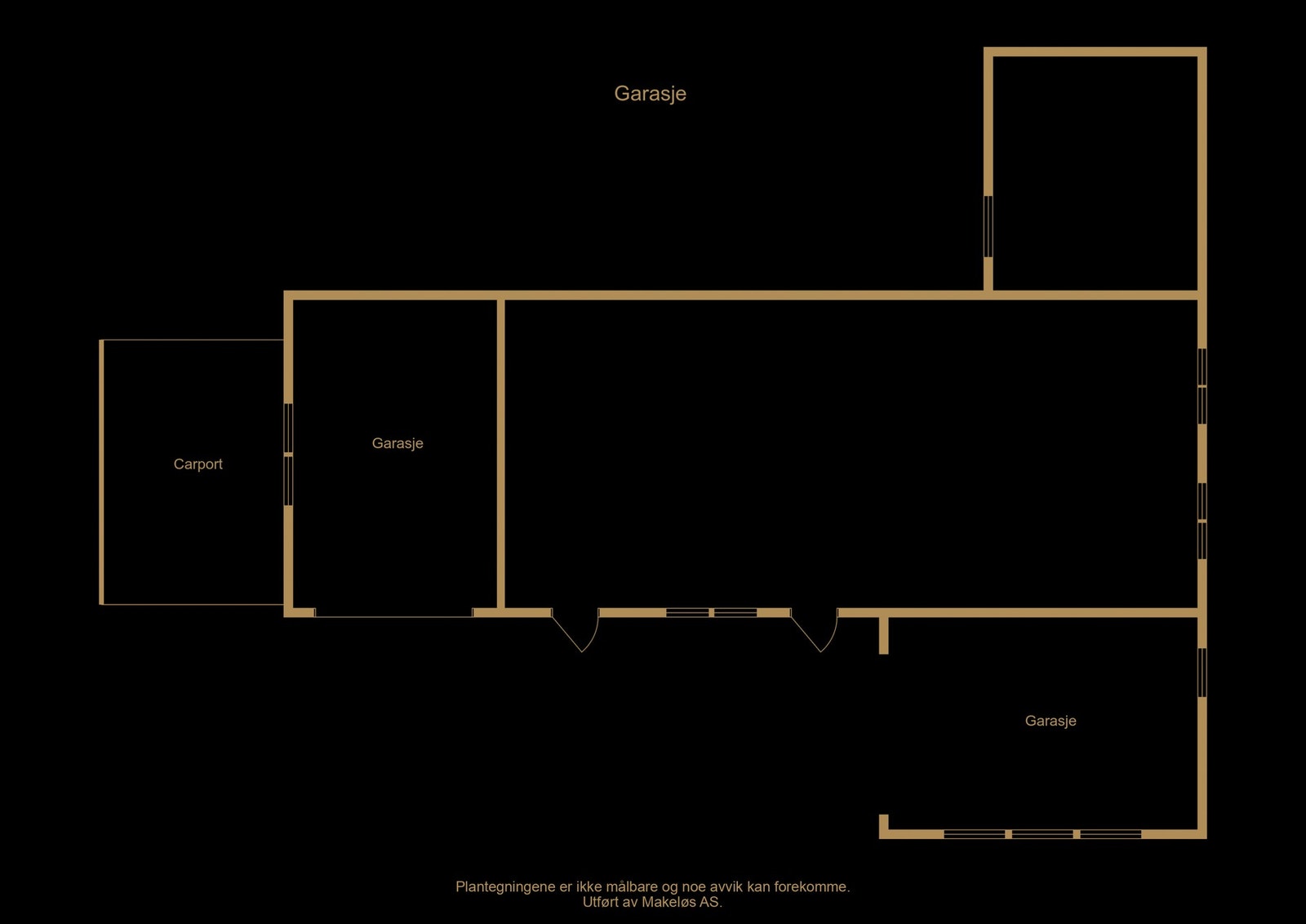 Omriss av garasjebygg. Det foreligger ikke tegninger av dette bygget hos kommunen, så det er ikke tegnet opp innvendige rom. Avvik kan forekomme. Galleribilde